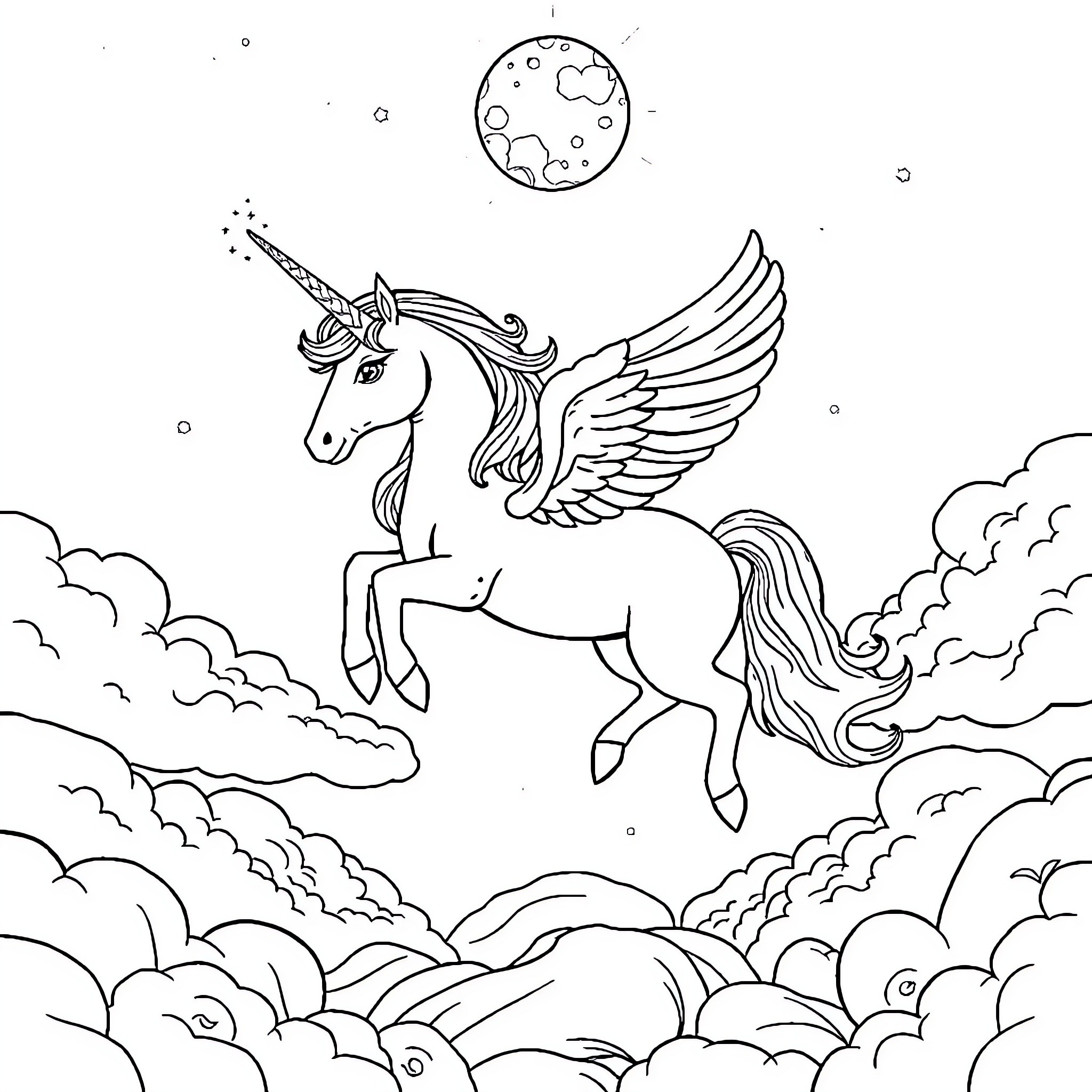 Unicorn flying gracefully through the night sky Coloring Page (free black-and-white line drawing printable PDF for all, from beginners to advanced learners, including children, teens, adults, and seniors)