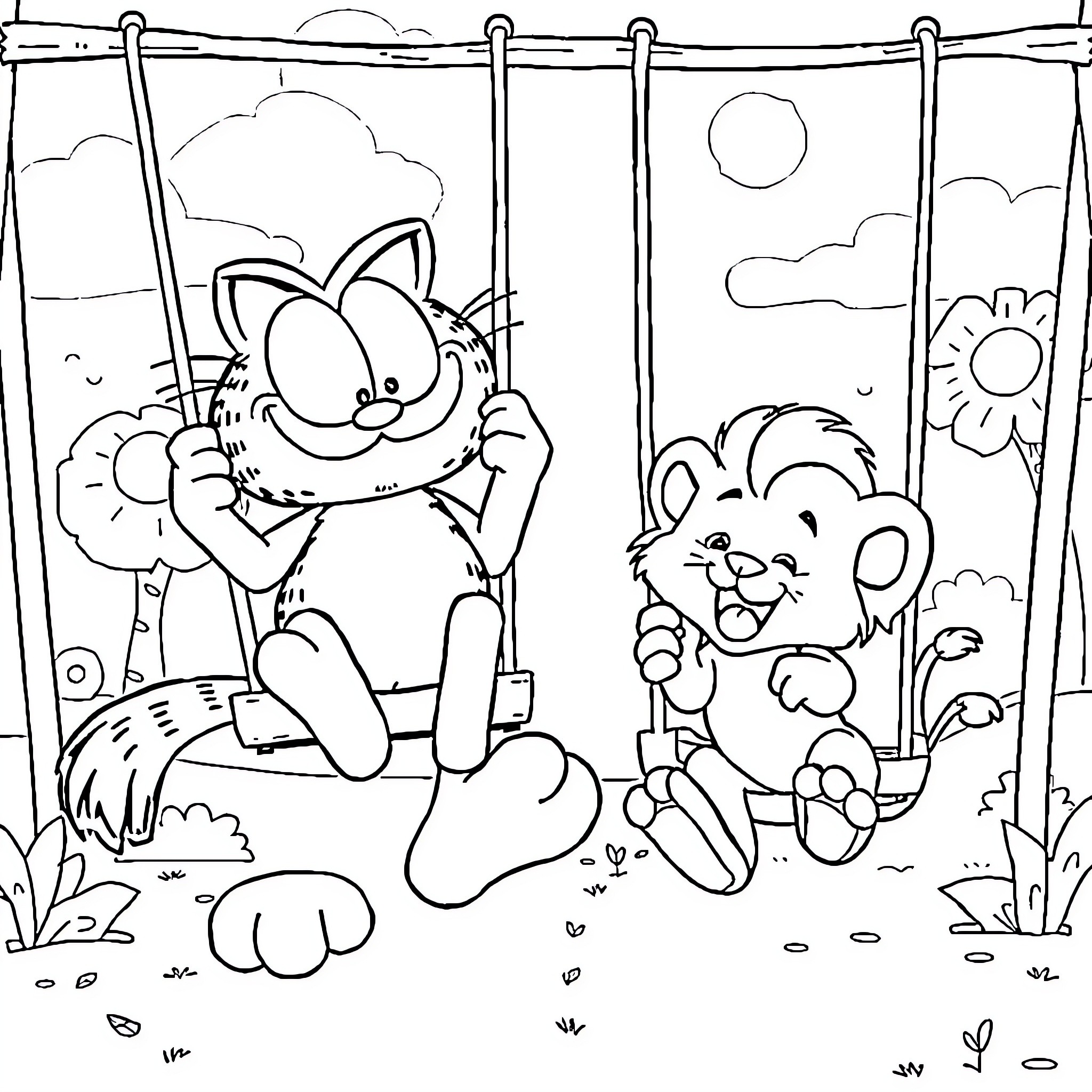 Garfield and Odie Enjoying Outdoor Fun Coloring Page (free black-and-white line drawing printable PDF for all, from beginners to advanced learners, including children, teens, adults, and seniors)