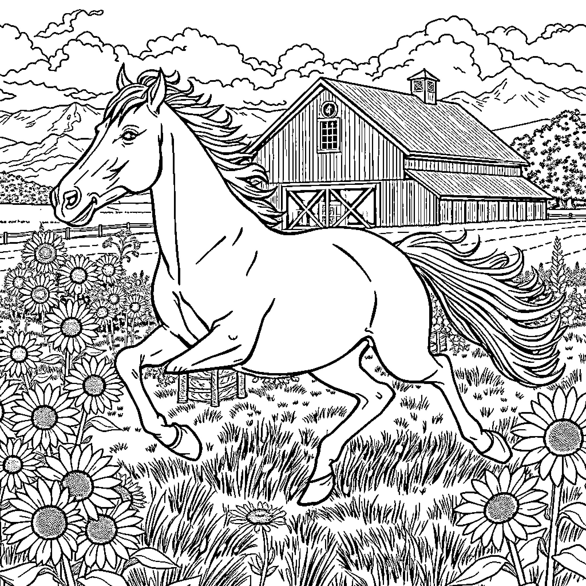 Horse galloping in a scenic countryside landscape Coloring Page (free black-and-white line drawing printable PDF for all, from beginners to advanced learners, including children, teens, adults, and seniors)