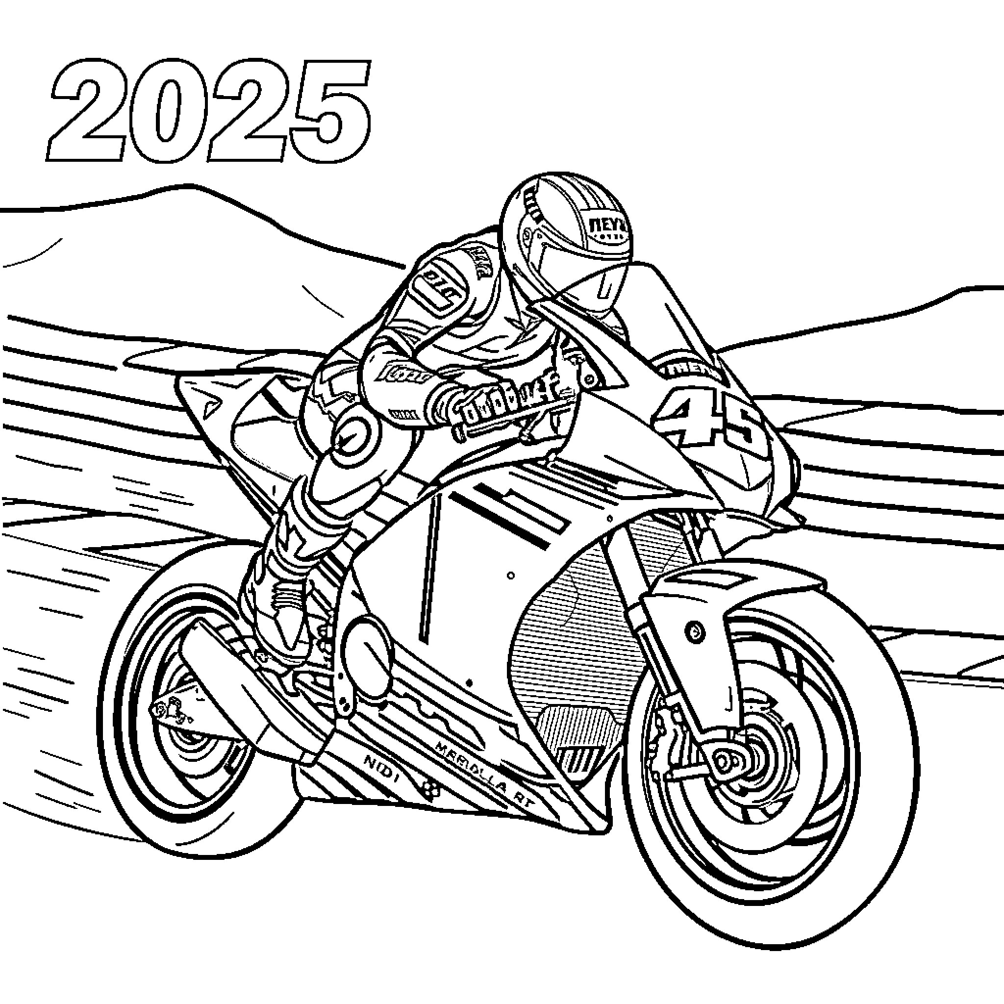 Marc Marquez racing a motorcycle in the year 2025 Coloring Page (free black-and-white line drawing printable PDF for all, from beginners to advanced learners, including children, teens, adults, and seniors)