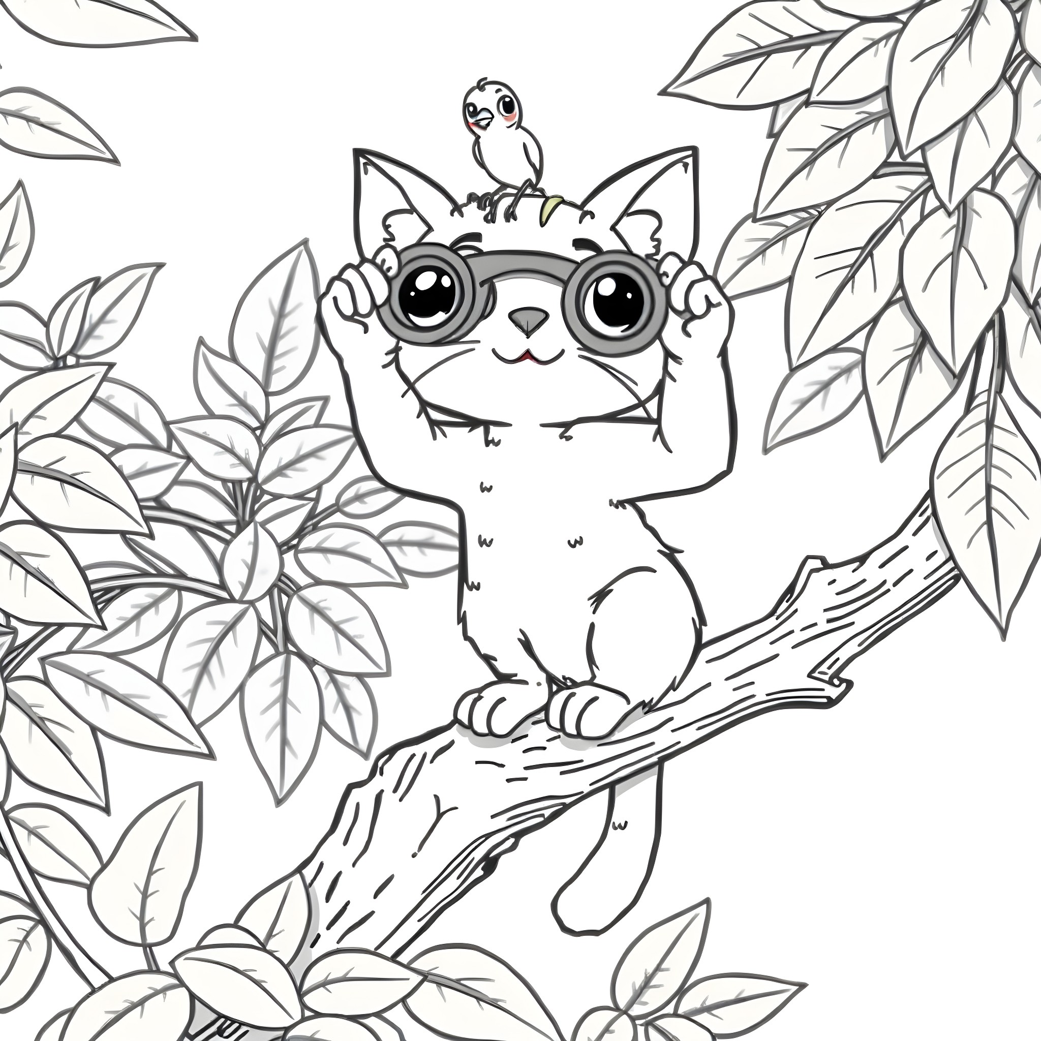 Kitty exploring the forest with bird friend Coloring Page (free black-and-white line drawing printable PDF for all, from beginners to advanced learners, including children, teens, adults, and seniors)