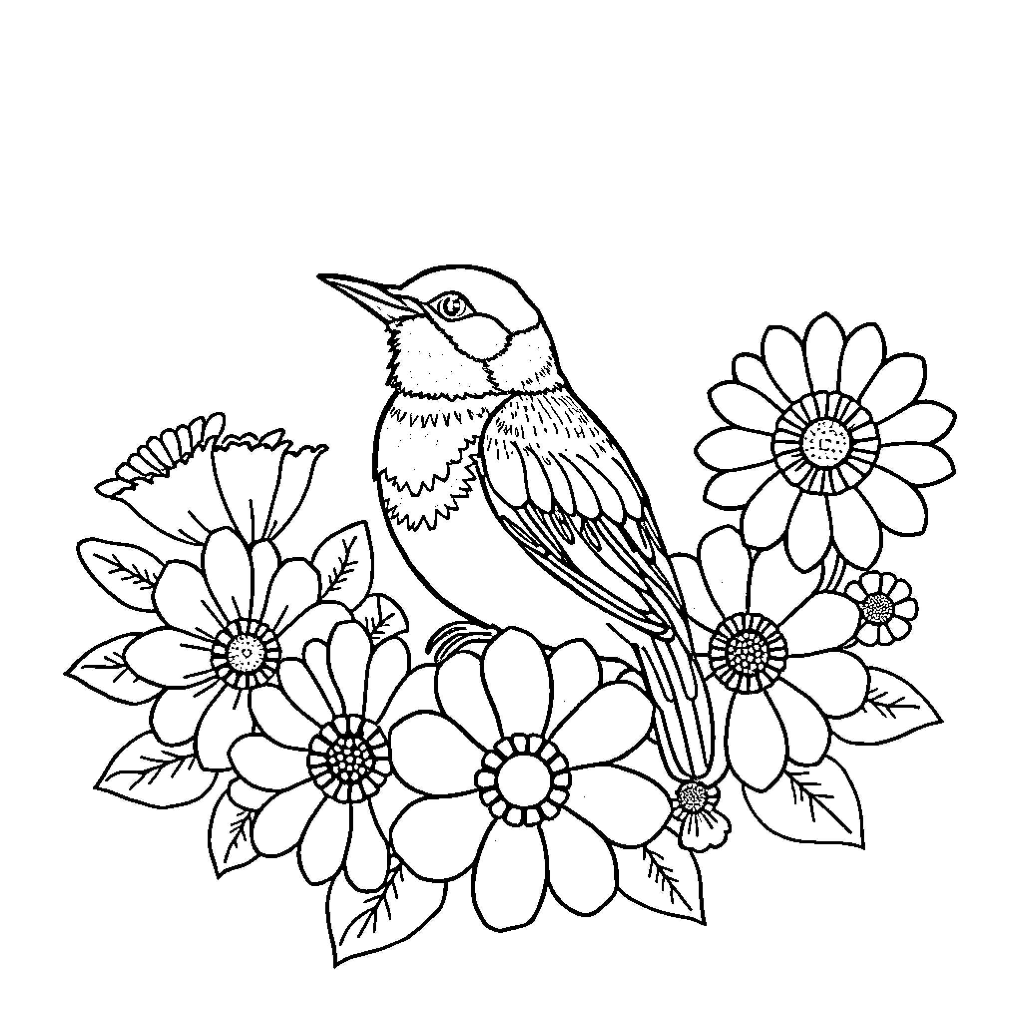 Bird perched on flowers in a garden Coloring Page (free black-and-white line drawing printable PDF for all, from beginners to advanced learners, including children, teens, adults, and seniors)