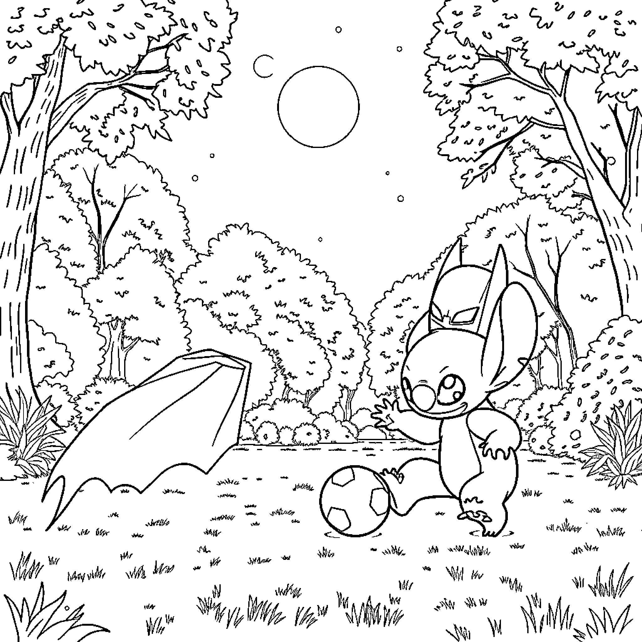 Stitch exploring the enchanted forest Coloring Page (free black-and-white line drawing printable PDF for all, from beginners to advanced learners, including children, teens, adults, and seniors)