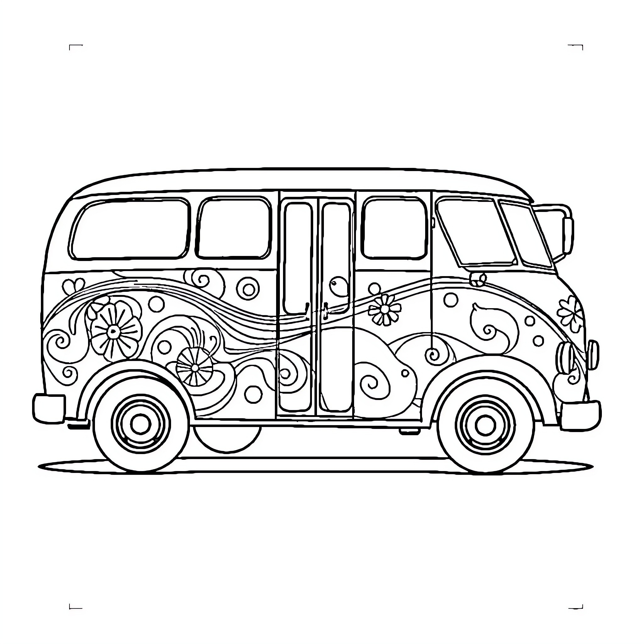 Bus with Floral Patterns and Decorations Coloring Page (free black-and-white line drawing printable PDF for all, from beginners to advanced learners, including children, teens, adults, and seniors)