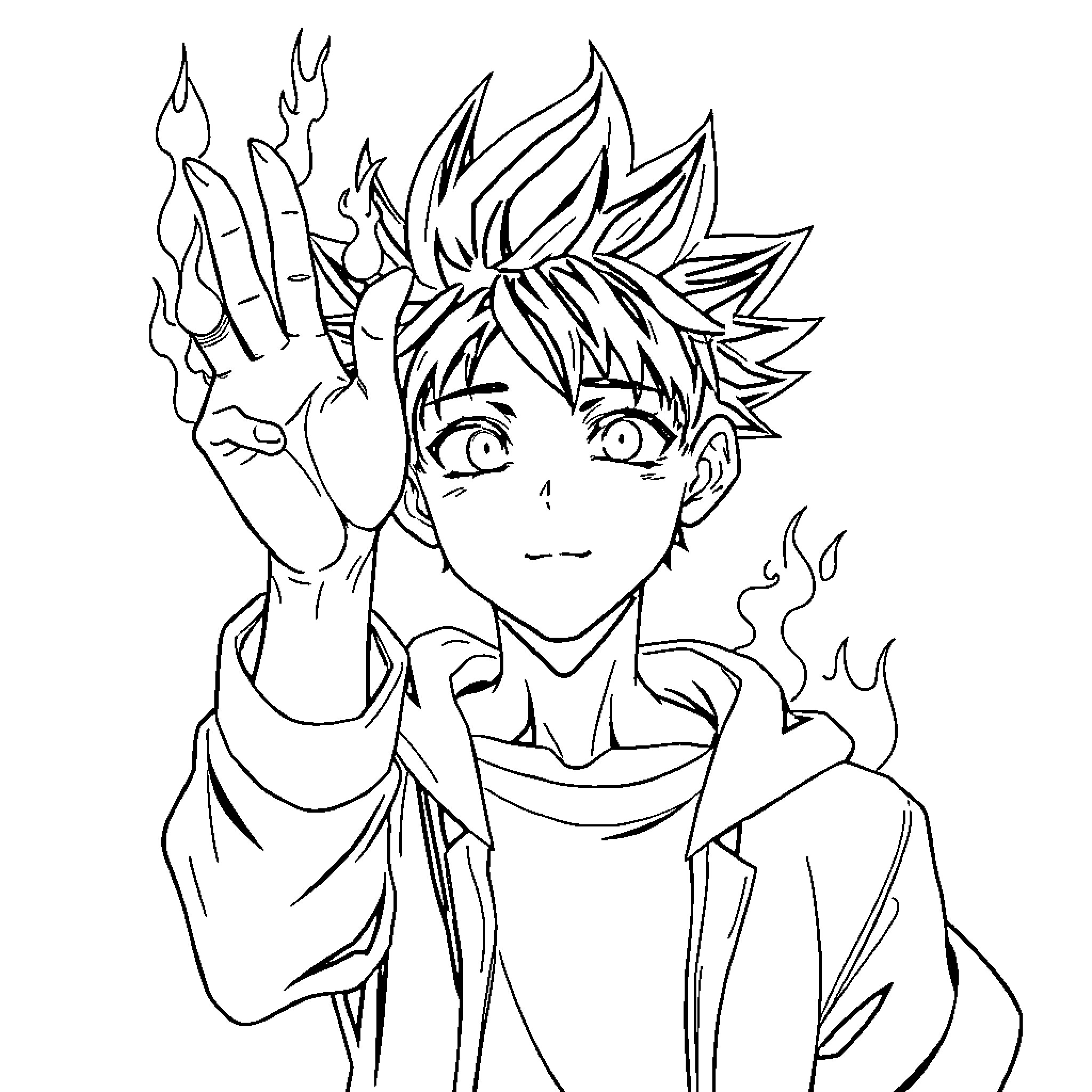 Anime Boy Casting Magical Spell with Fiery Aura Coloring Page (free black-and-white line drawing printable PDF for all, from beginners to advanced learners, including children, teens, adults, and seniors)