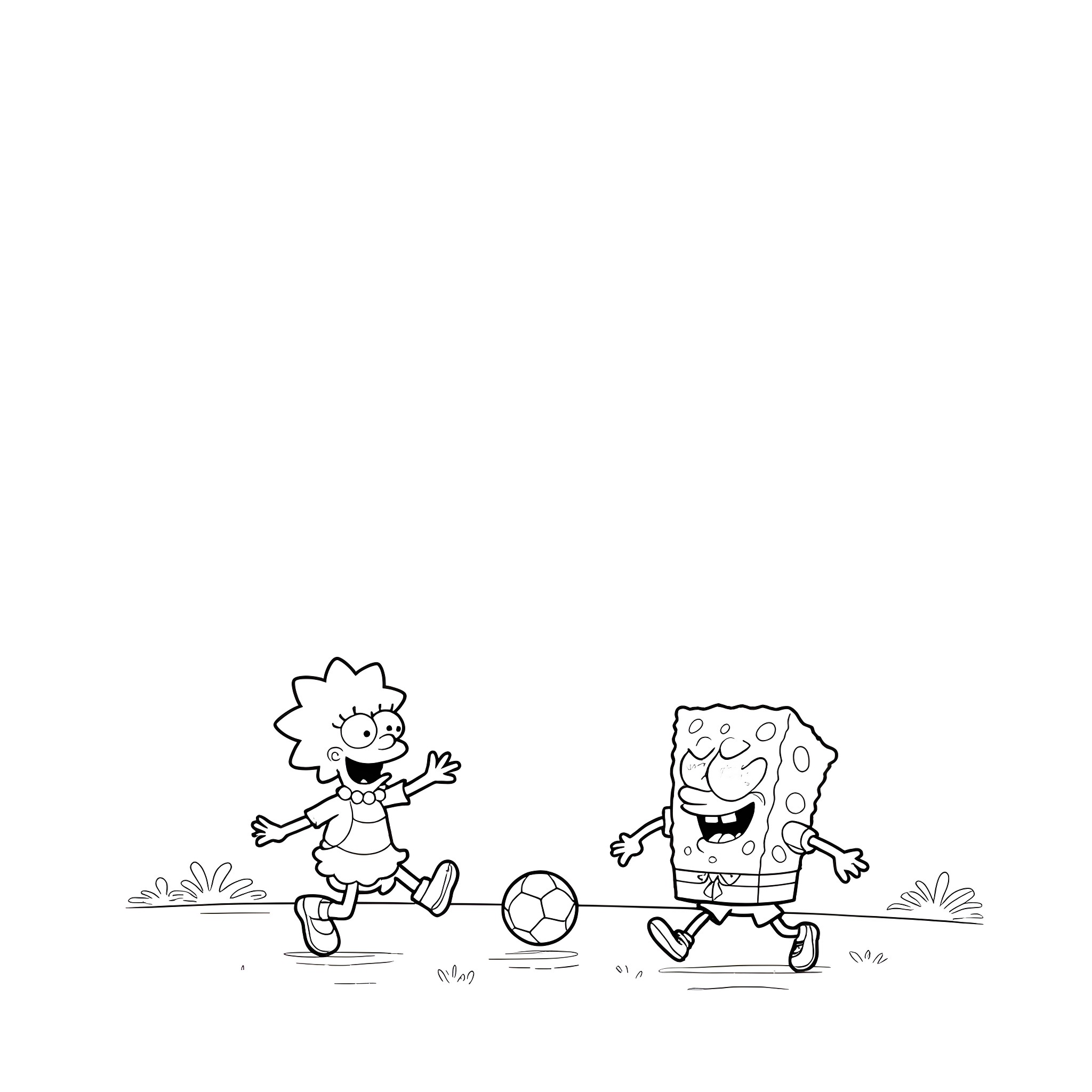 Spongebob and Lisa playing soccer Coloring Page (free black-and-white line drawing printable PDF for all, from beginners to advanced learners, including children, teens, adults, and seniors)