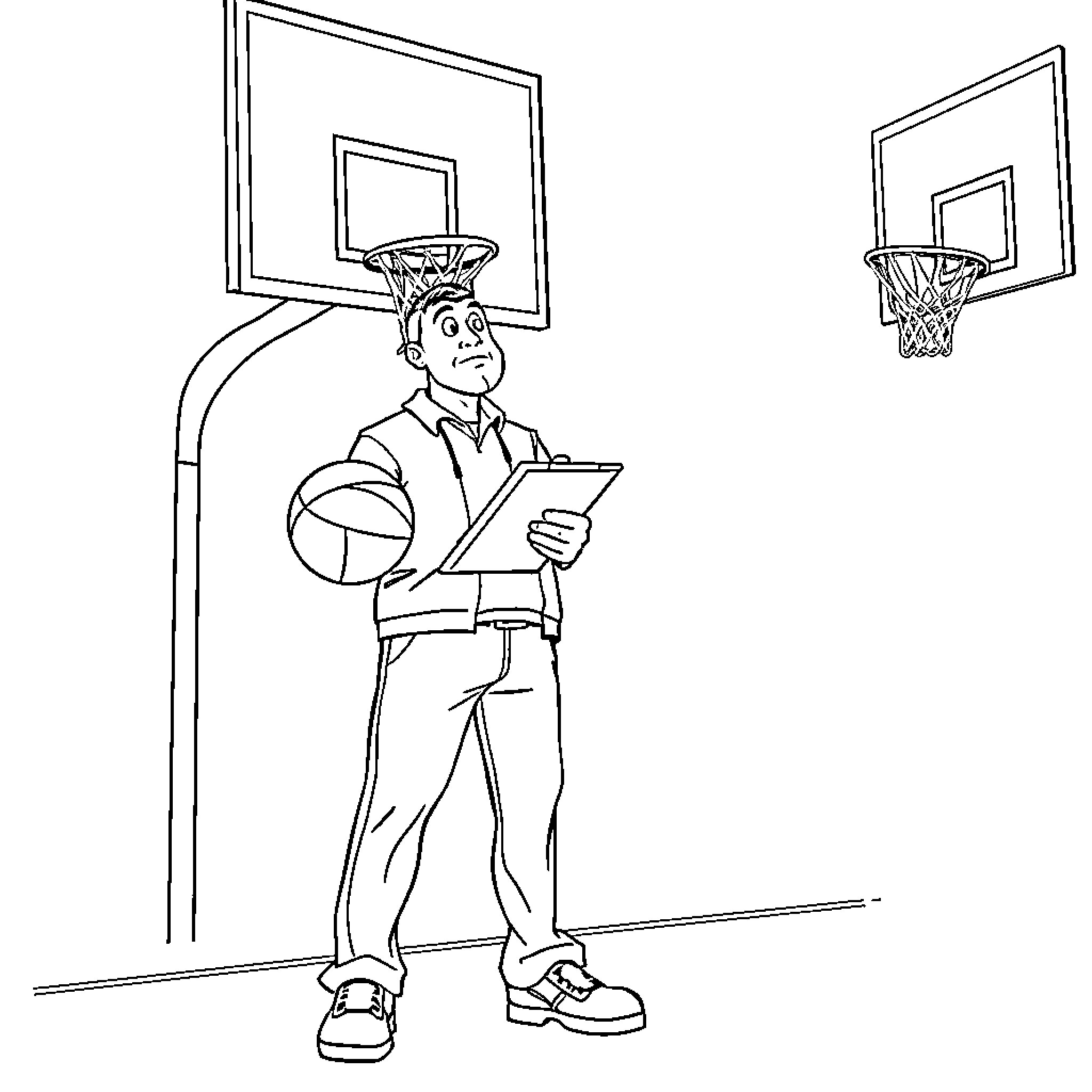 Coach discussing game strategy on clipboard Coloring Page (free black-and-white line drawing printable PDF for all, from beginners to advanced learners, including children, teens, adults, and seniors)