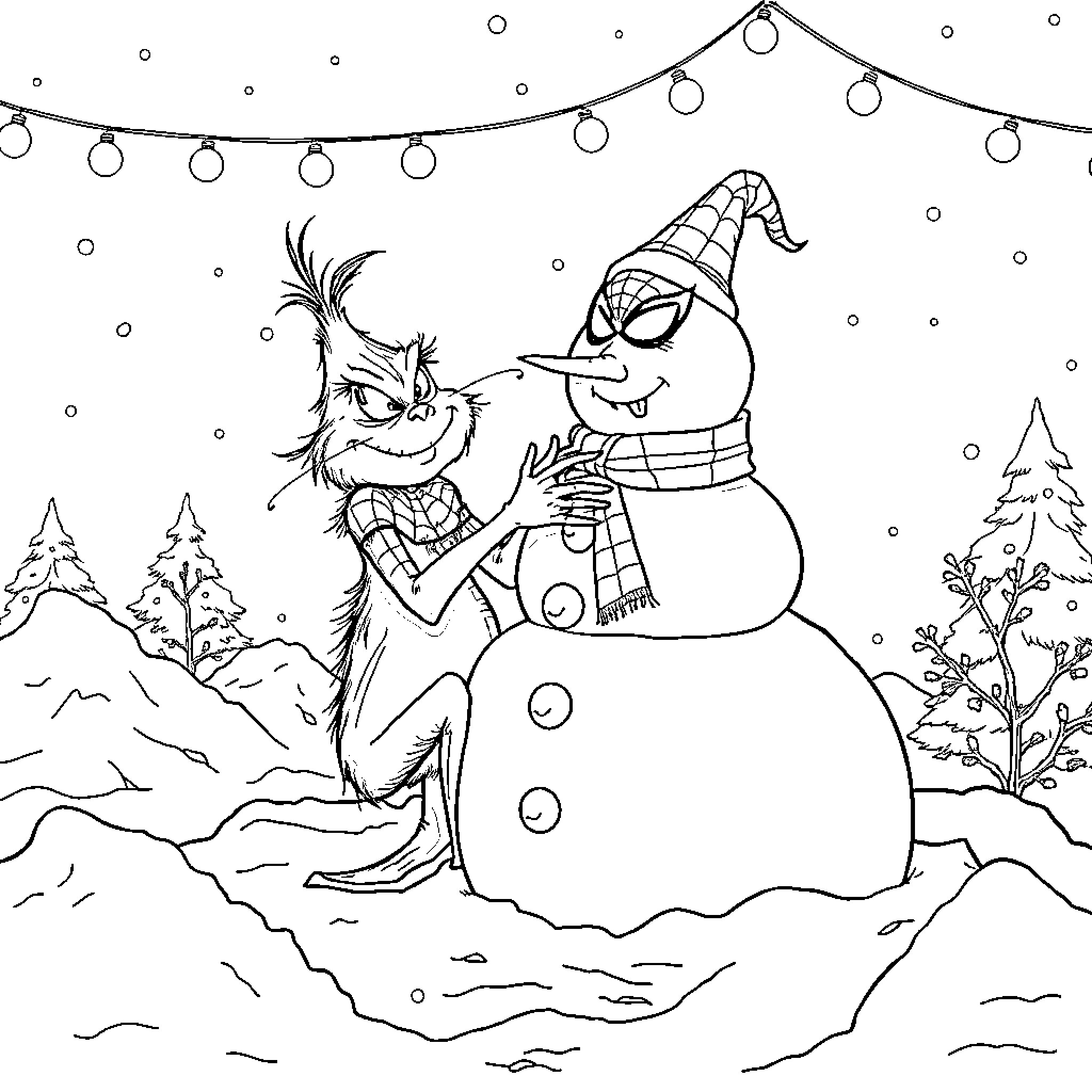 Grinch and Snowman in Winter Wonderland Coloring Page (free black-and-white line drawing printable PDF for all, from beginners to advanced learners, including children, teens, adults, and seniors)