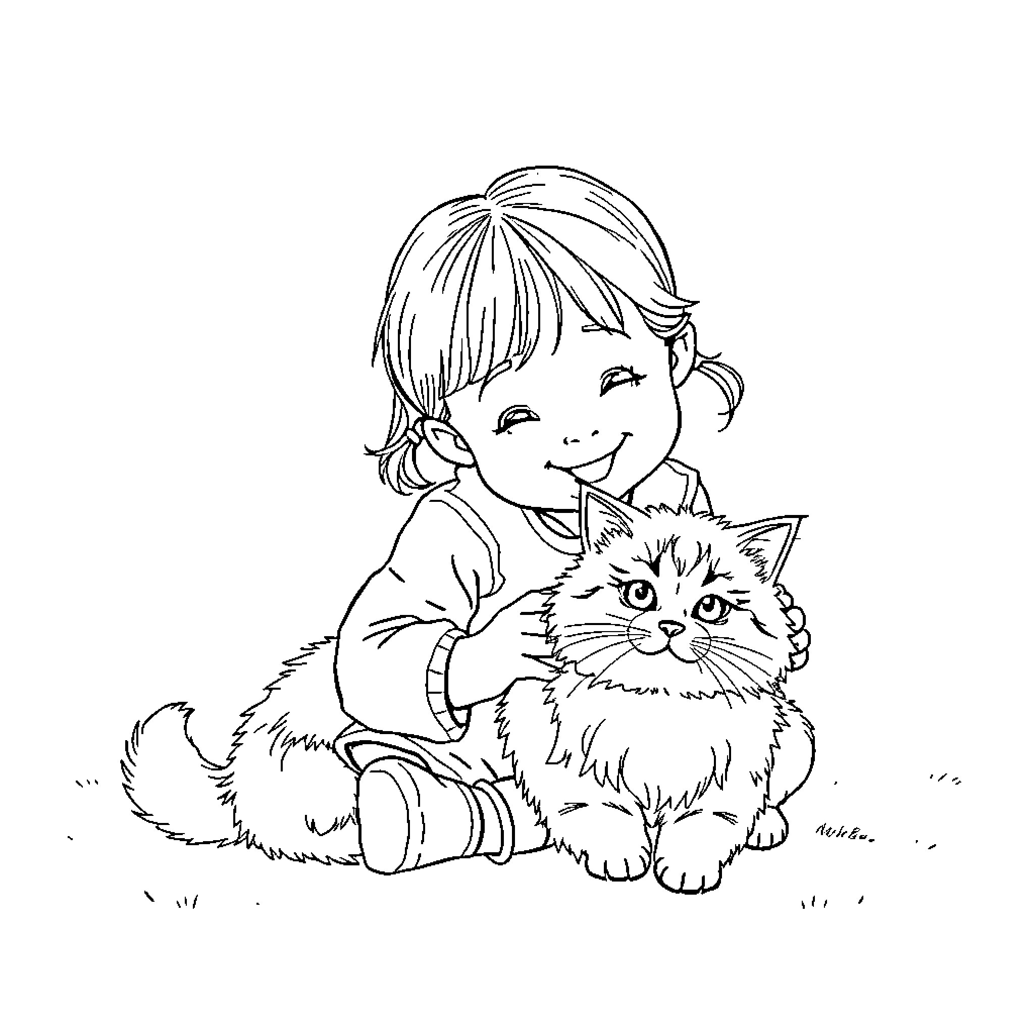Girl playing joyfully with a fluffy cat Coloring Page (free black-and-white line drawing printable PDF for all, from beginners to advanced learners, including children, teens, adults, and seniors)