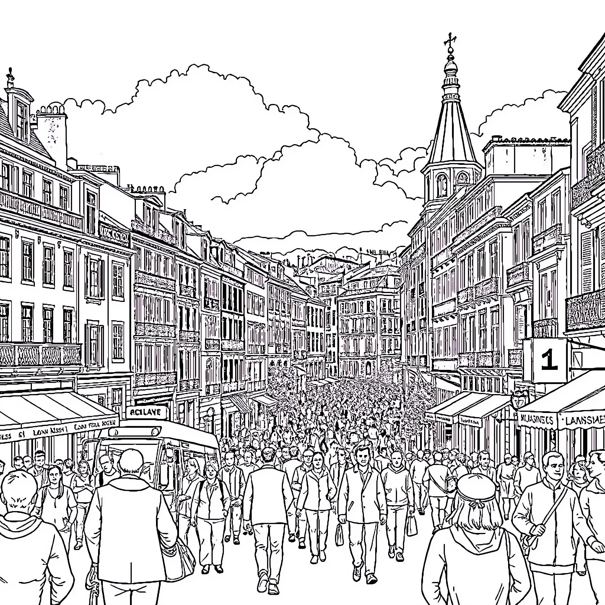 Lyon scene with bustling crowd and cityscape Coloring Page (free black-and-white line drawing printable PDF for all, from beginners to advanced learners, including children, teens, adults, and seniors)