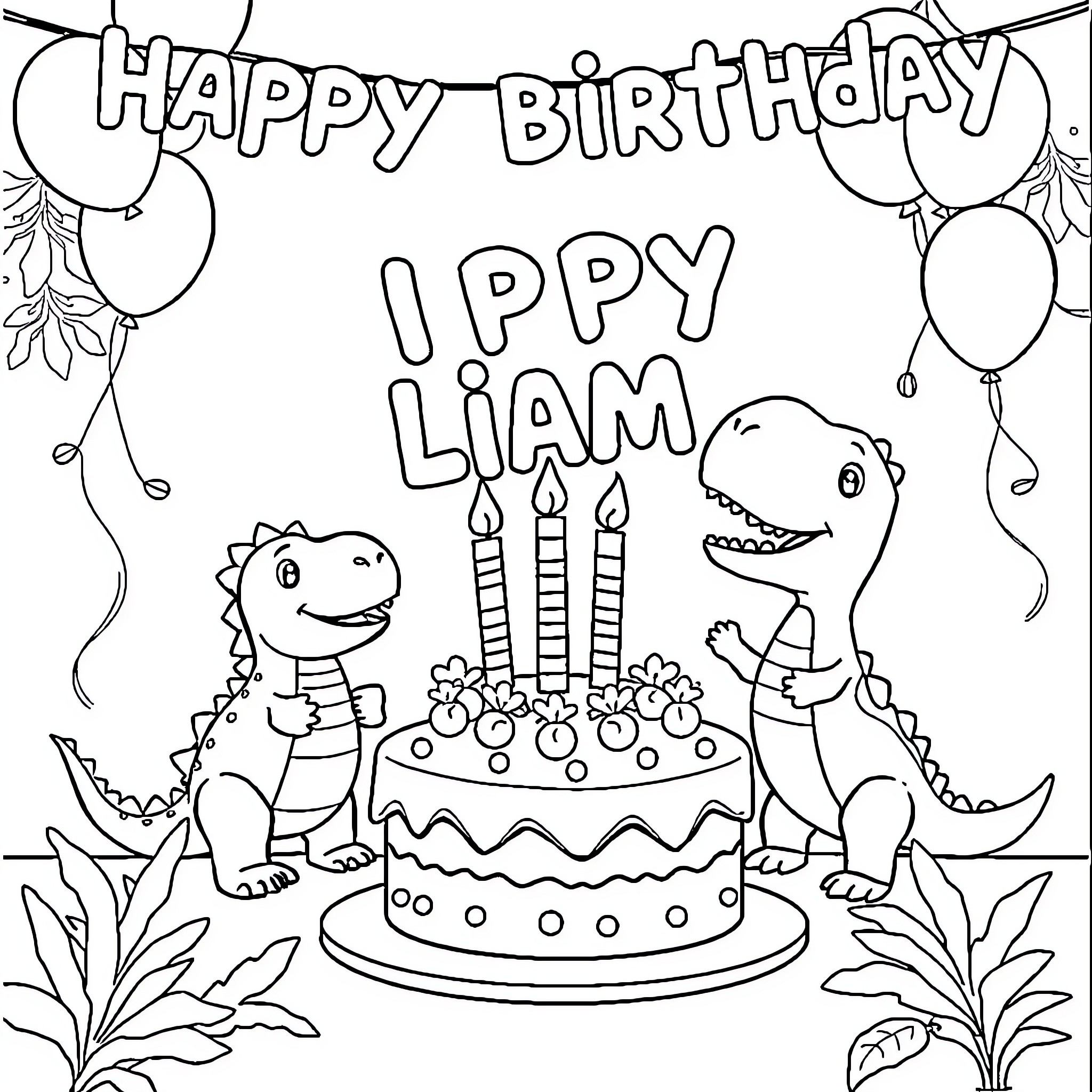 Dinosaurs Celebrating Ippy Liam's Birthday Coloring Page (free black-and-white line drawing printable PDF for all, from beginners to advanced learners, including children, teens, adults, and seniors)