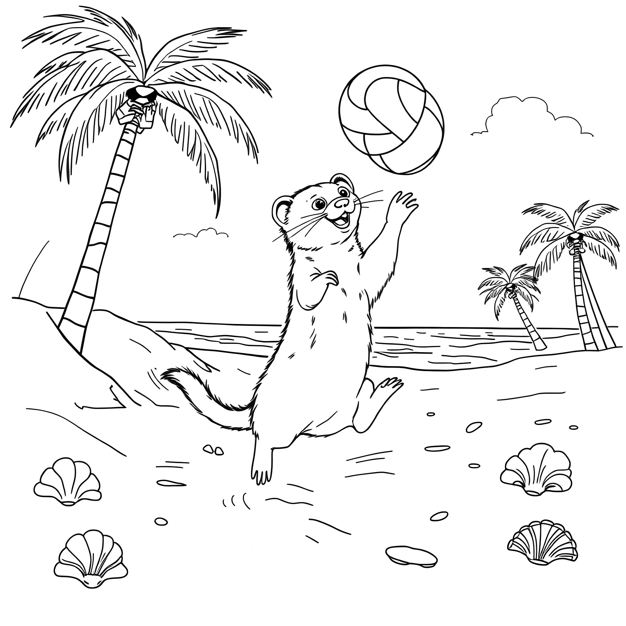 Ferret playing joyfully on the beach Coloring Page (free black-and-white line drawing printable PDF for all, from beginners to advanced learners, including children, teens, adults, and seniors)