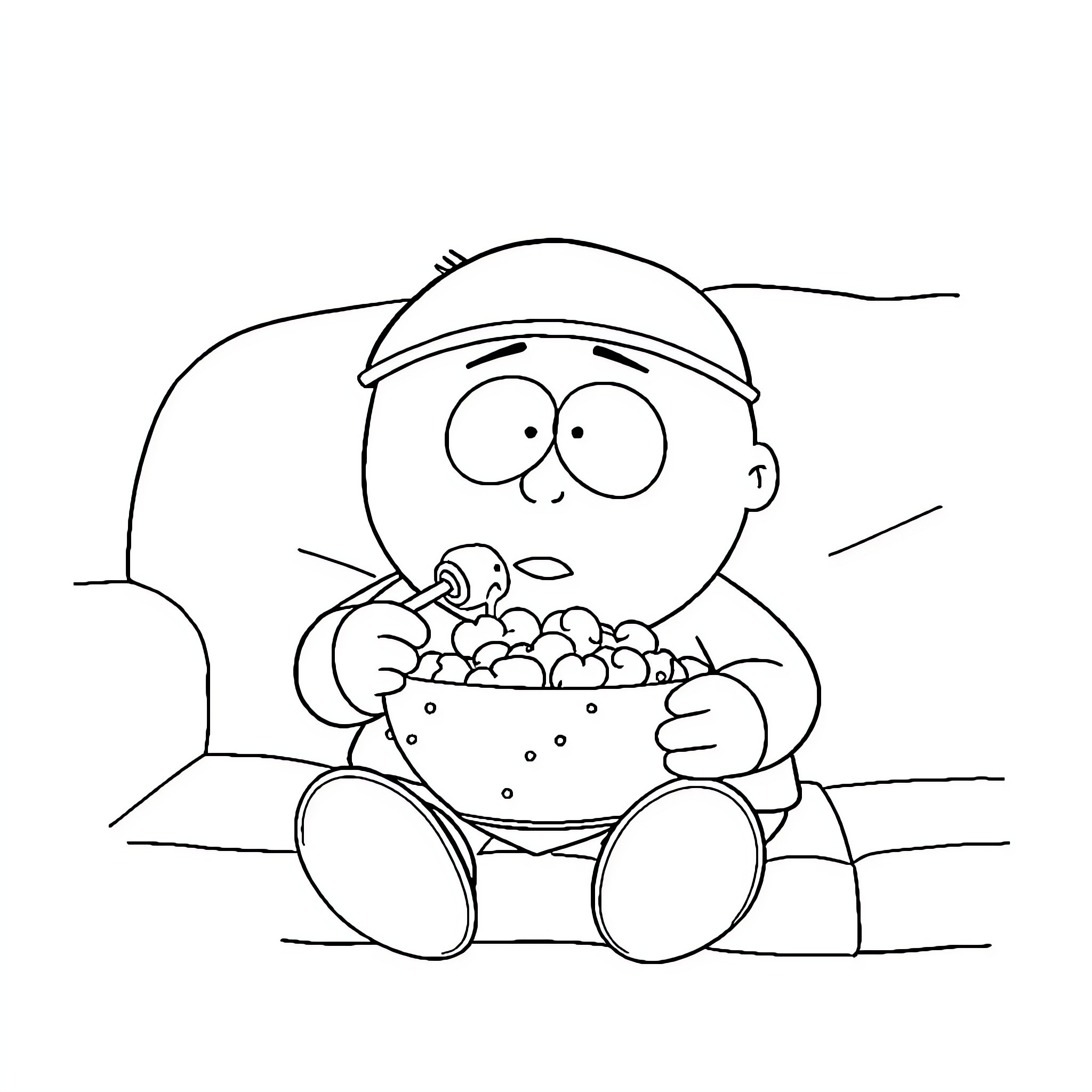 Eric Cartman enjoying a bowl of snacks Coloring Page (free black-and-white line drawing printable PDF for all, from beginners to advanced learners, including children, teens, adults, and seniors)