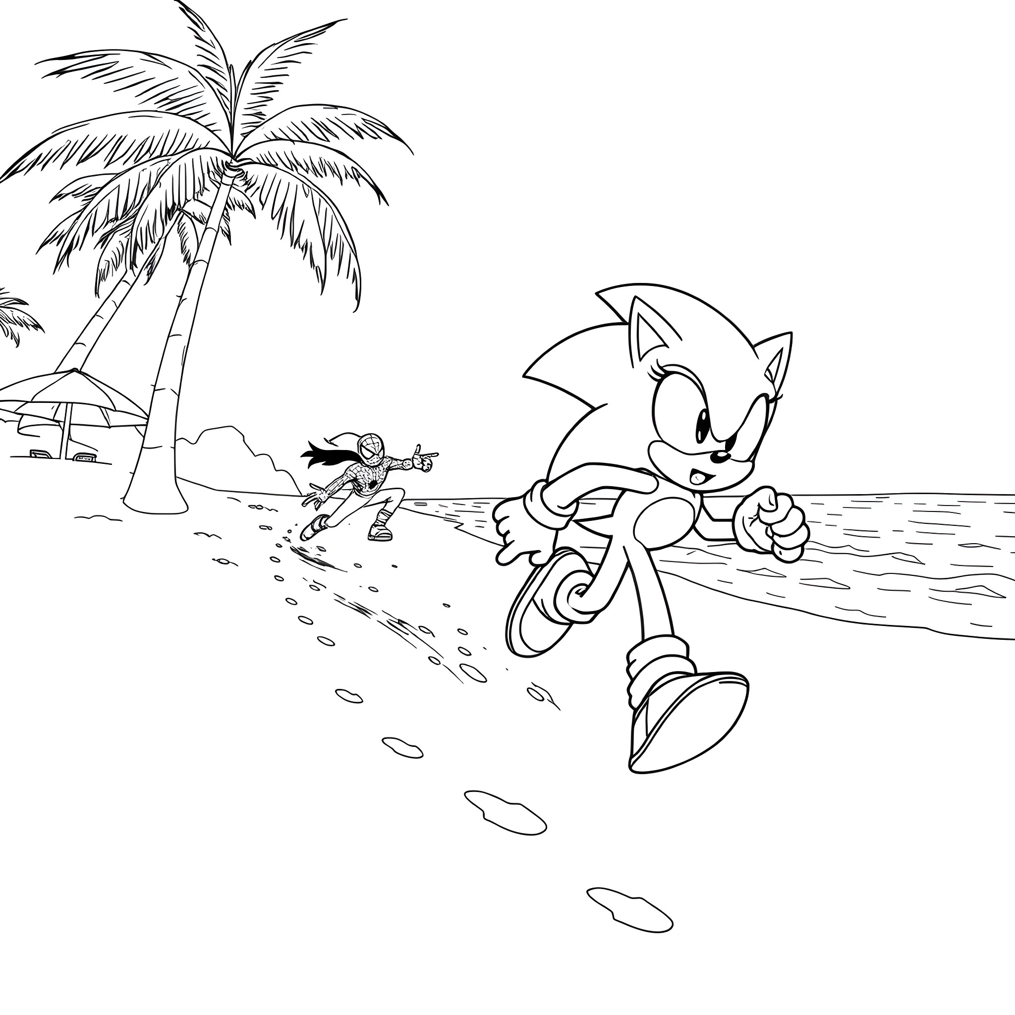 Sonic running on the beach near palm trees Coloring Page (free black-and-white line drawing printable PDF for all, from beginners to advanced learners, including children, teens, adults, and seniors)