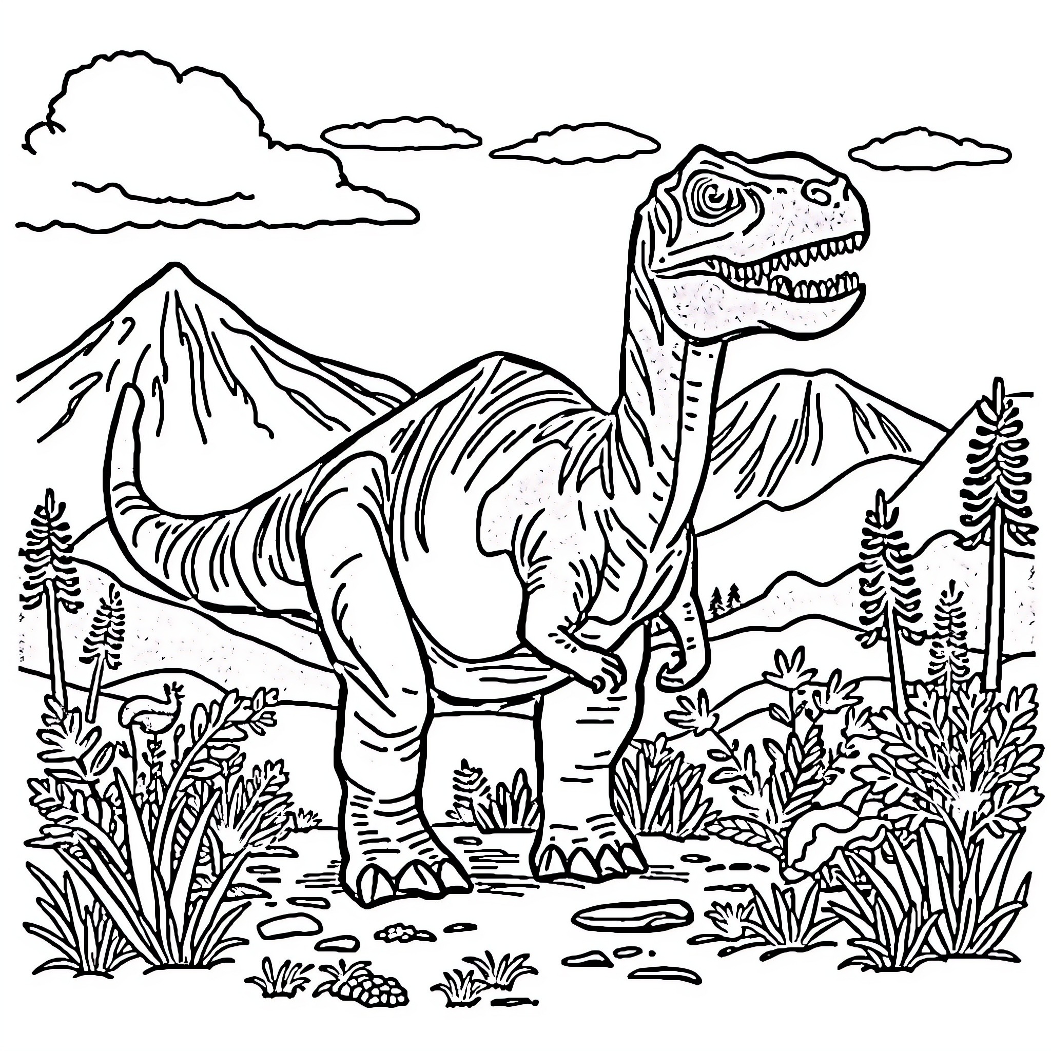 Dinosaur in a prehistoric landscape Coloring Page (free black-and-white line drawing printable PDF for all, from beginners to advanced learners, including children, teens, adults, and seniors)