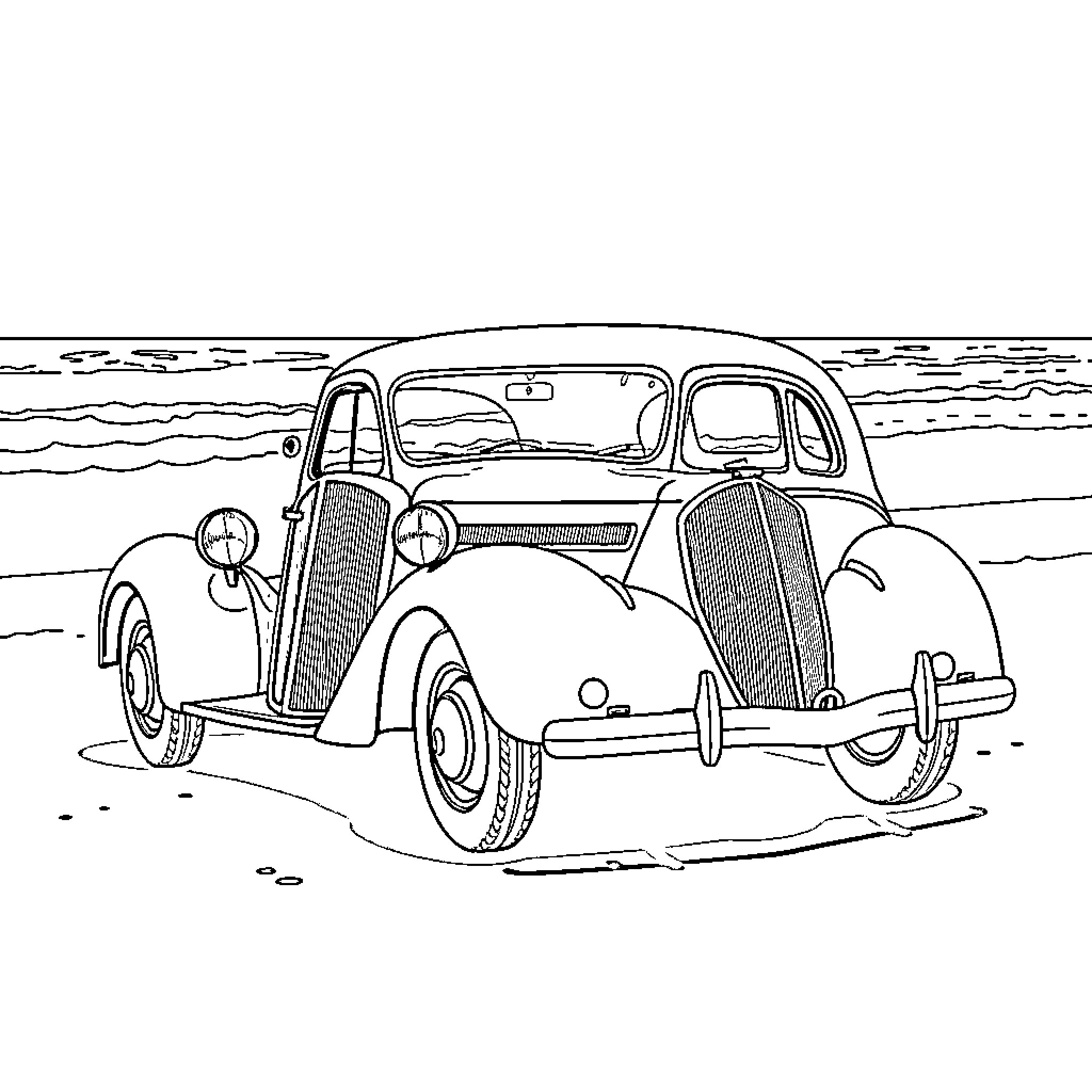 Citroen vintage car in coastal scenery Coloring Page (free black-and-white line drawing printable PDF for all, from beginners to advanced learners, including children, teens, adults, and seniors)