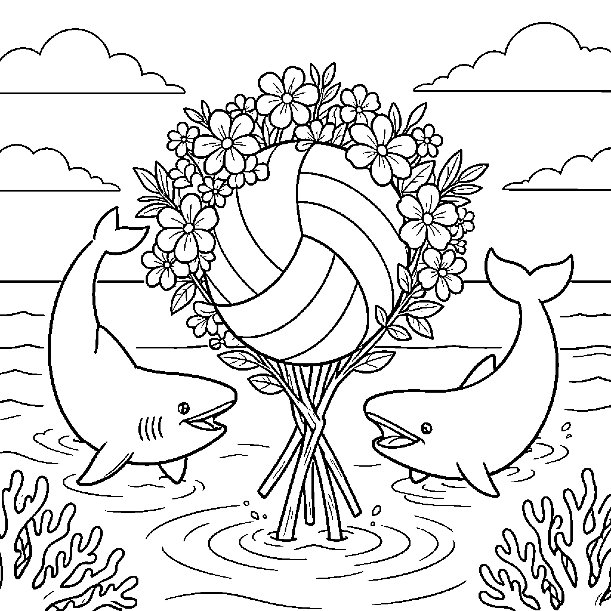 Flower Bouquet with Aquatic Animals Coloring Page (free black-and-white line drawing printable PDF for all, from beginners to advanced learners, including children, teens, adults, and seniors)