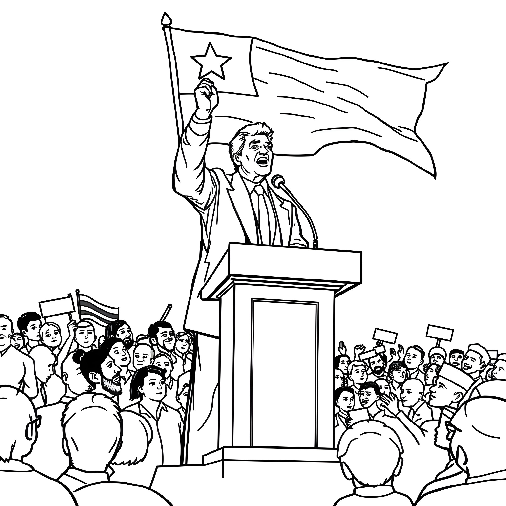 Zelensky addressing the crowd with a waving flag Coloring Page (free black-and-white line drawing printable PDF for all, from beginners to advanced learners, including children, teens, adults, and seniors)