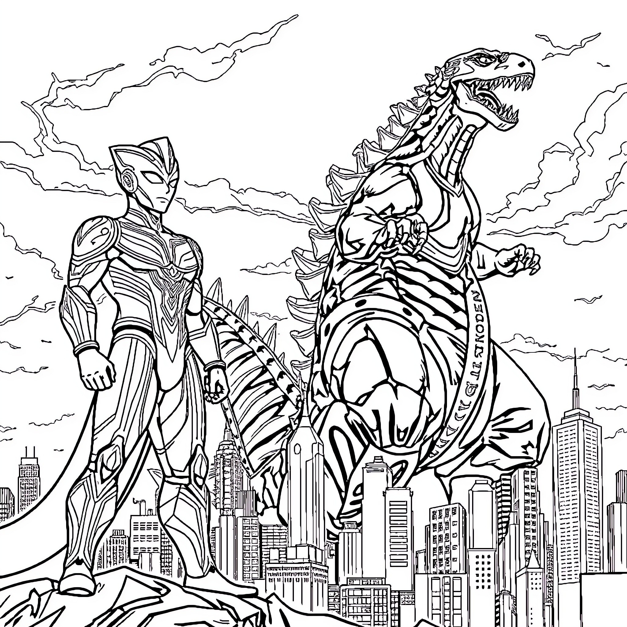Ultraman battles a monstrous creature in the city Coloring Page (free black-and-white line drawing printable PDF for all, from beginners to advanced learners, including children, teens, adults, and seniors)