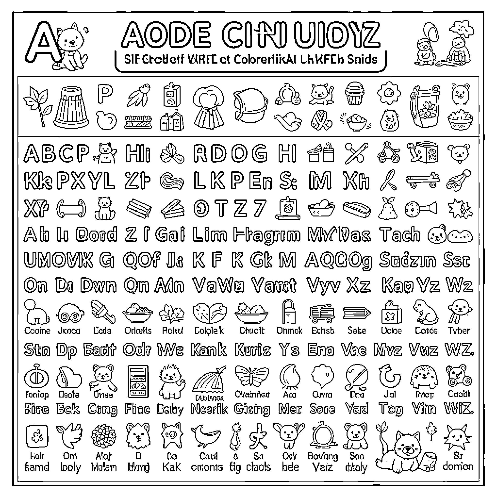A-Z alphabet characters and various small doodles Coloring Page (free black-and-white line drawing printable PDF for all, from beginners to advanced learners, including children, teens, adults, and seniors)