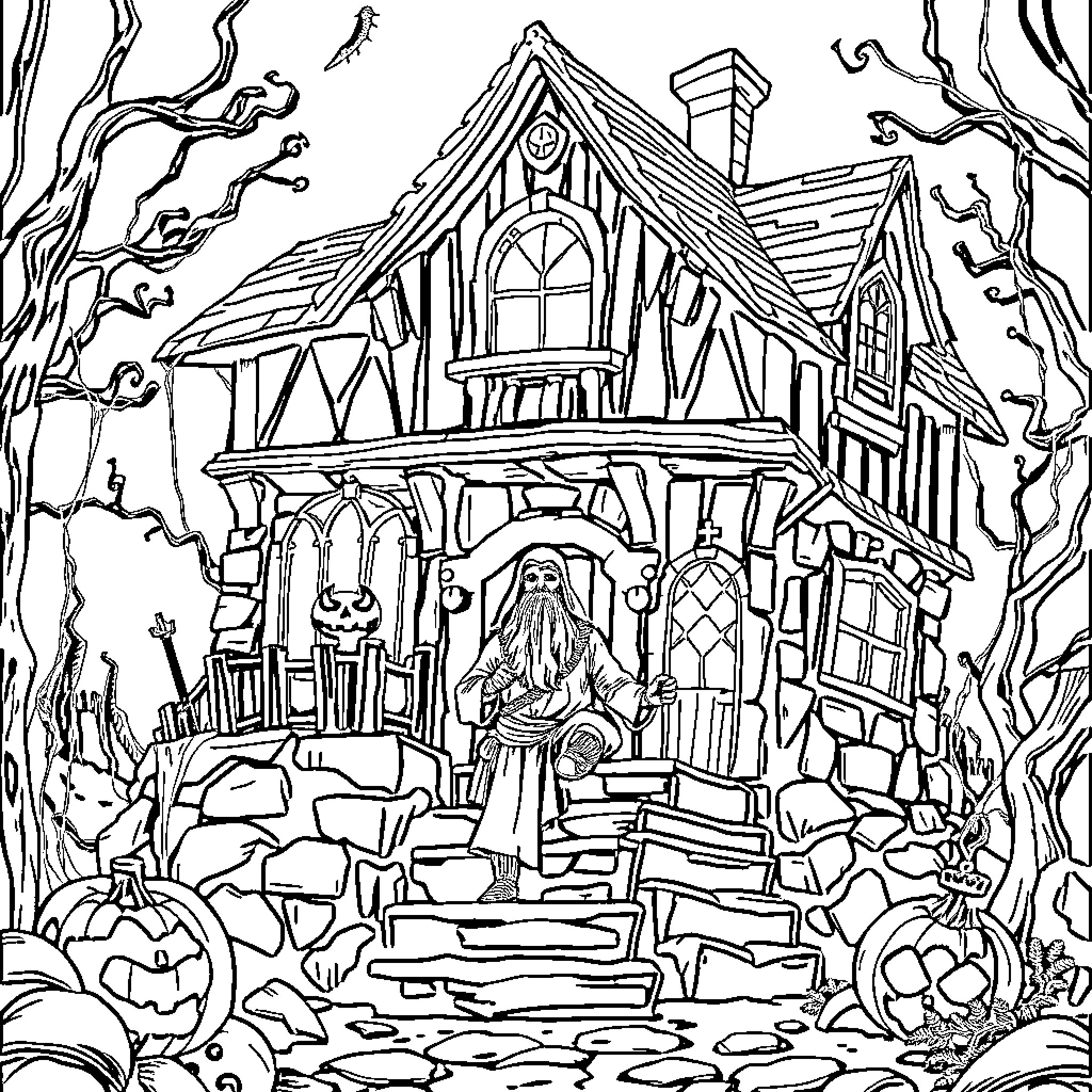 Haunted House with Creepy Characters and Spooky Details Coloring Page (free black-and-white line drawing printable PDF for all, from beginners to advanced learners, including children, teens, adults, and seniors)