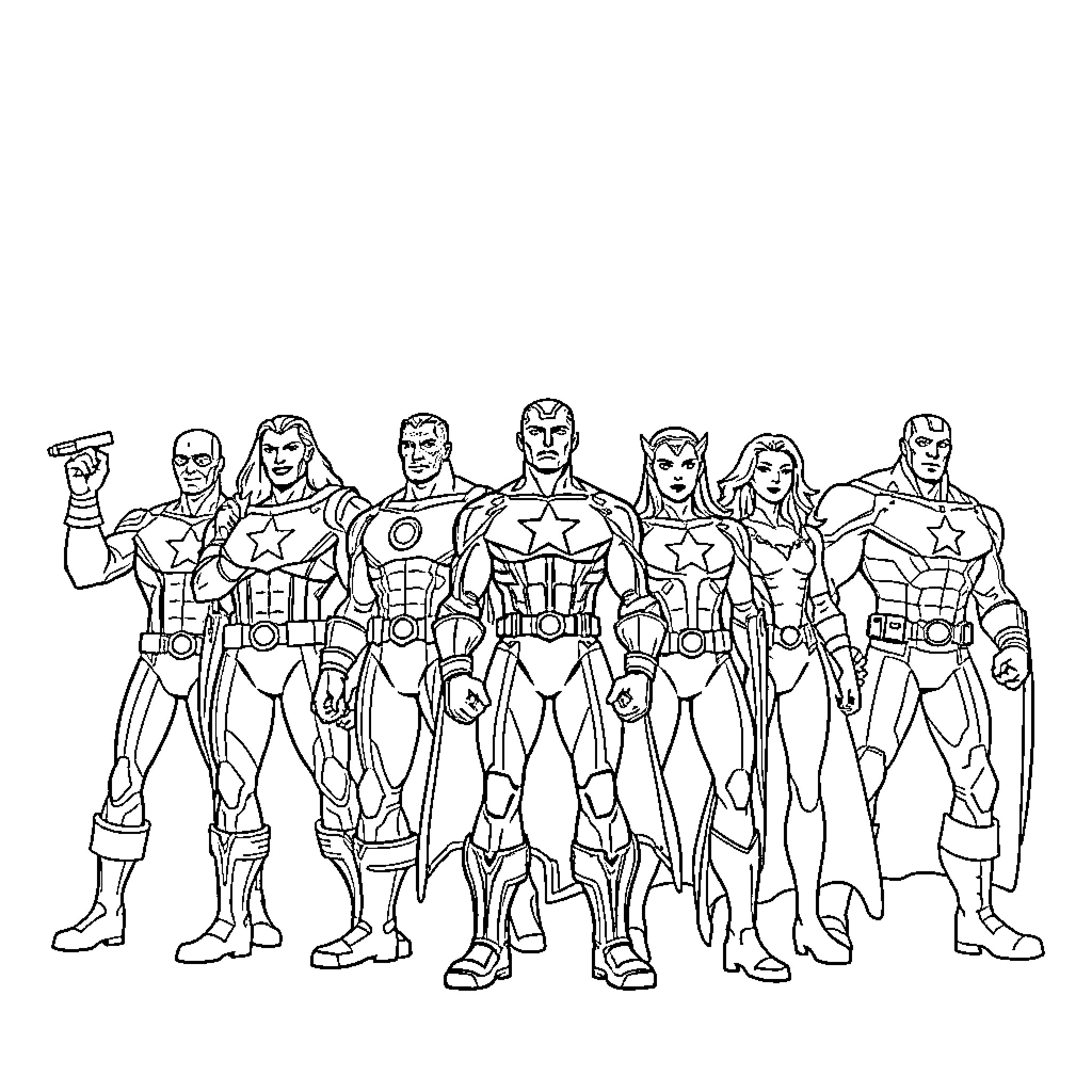 Avengers heroic team in action-ready poses Coloring Page (free black-and-white line drawing printable PDF for all, from beginners to advanced learners, including children, teens, adults, and seniors)