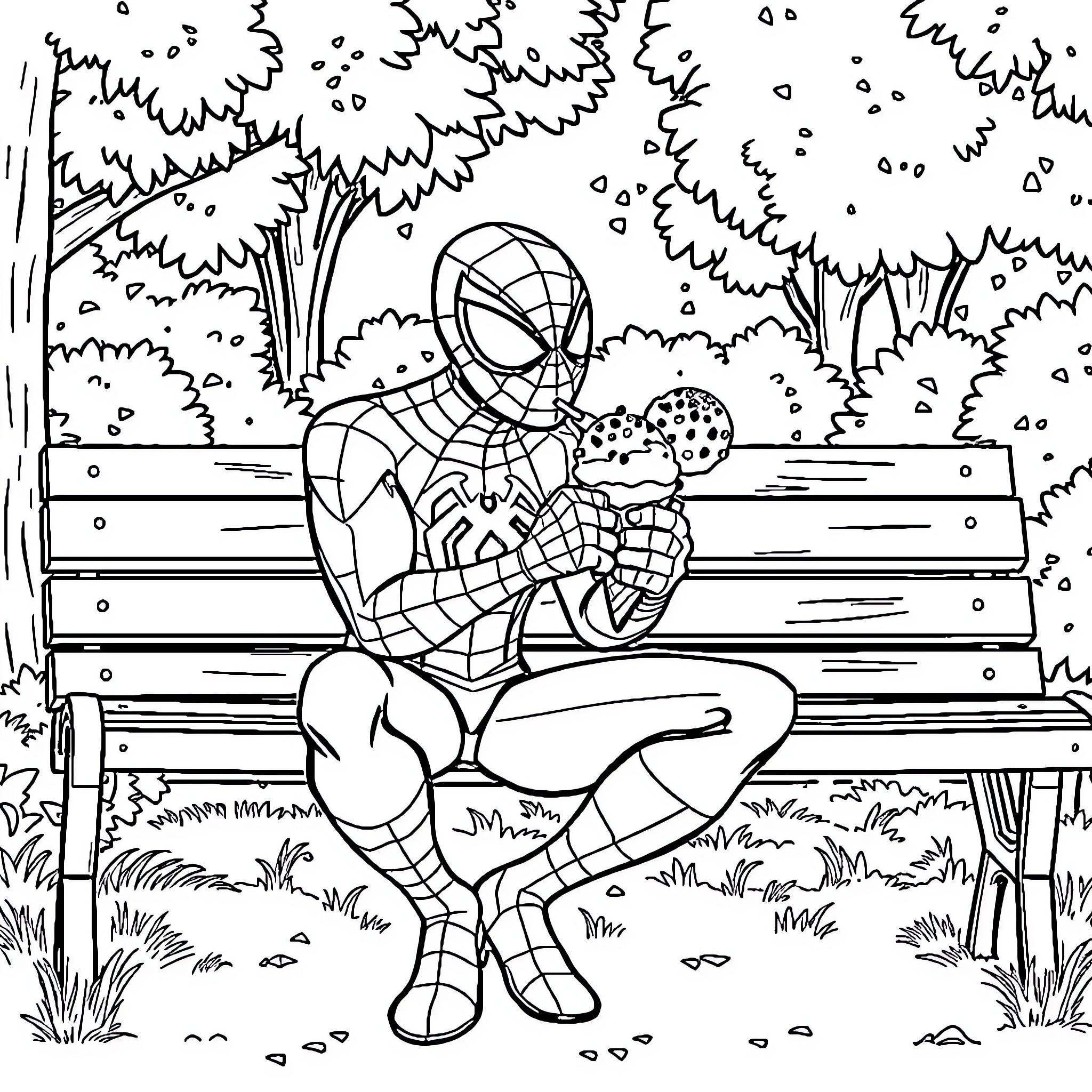 Spiderman relaxing on a park bench Coloring Page (free black-and-white line drawing printable PDF for all, from beginners to advanced learners, including children, teens, adults, and seniors)