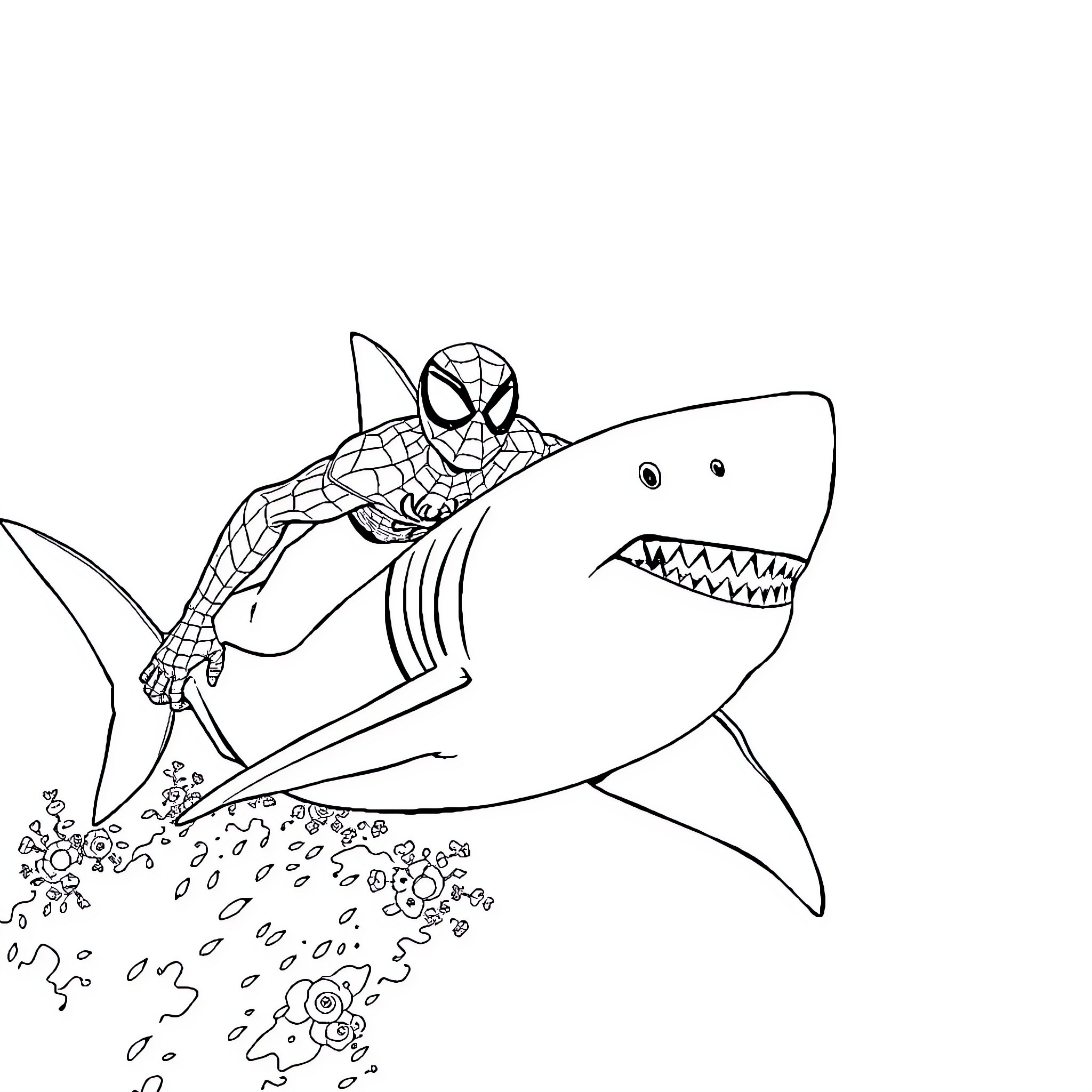 Spidey Swings Into Shark-Infested Waters Coloring Page (free black-and-white line drawing printable PDF for all, from beginners to advanced learners, including children, teens, adults, and seniors)
