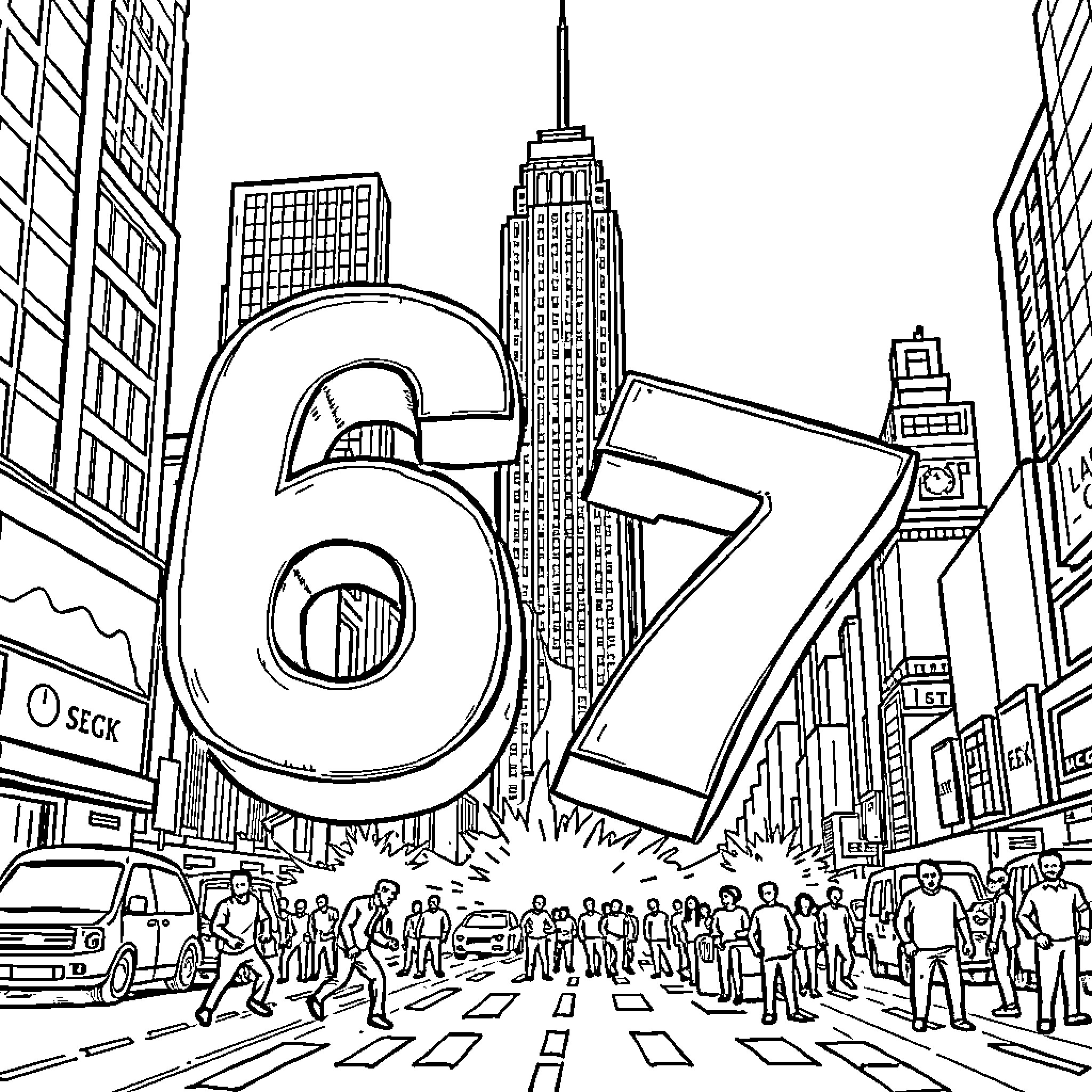 Number 67 in cityscape with large buildings Coloring Page (free black-and-white line drawing printable PDF for all, from beginners to advanced learners, including children, teens, adults, and seniors)