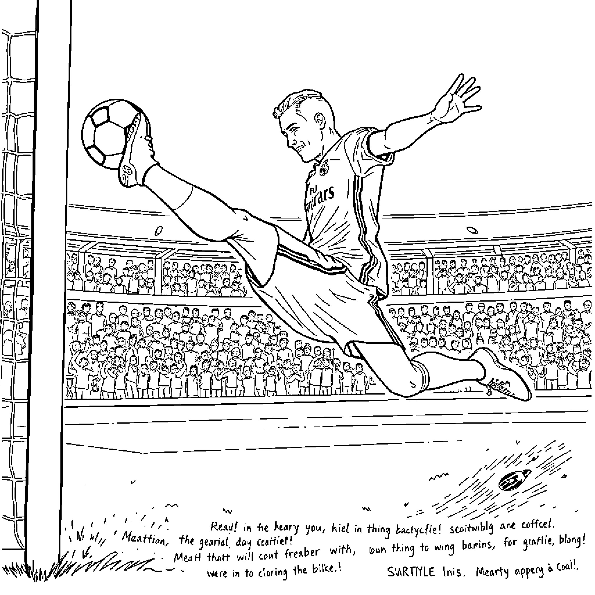 Soccer player performing acrobatic kick in stadium Coloring Page (free black-and-white line drawing printable PDF for all, from beginners to advanced learners, including children, teens, adults, and seniors)