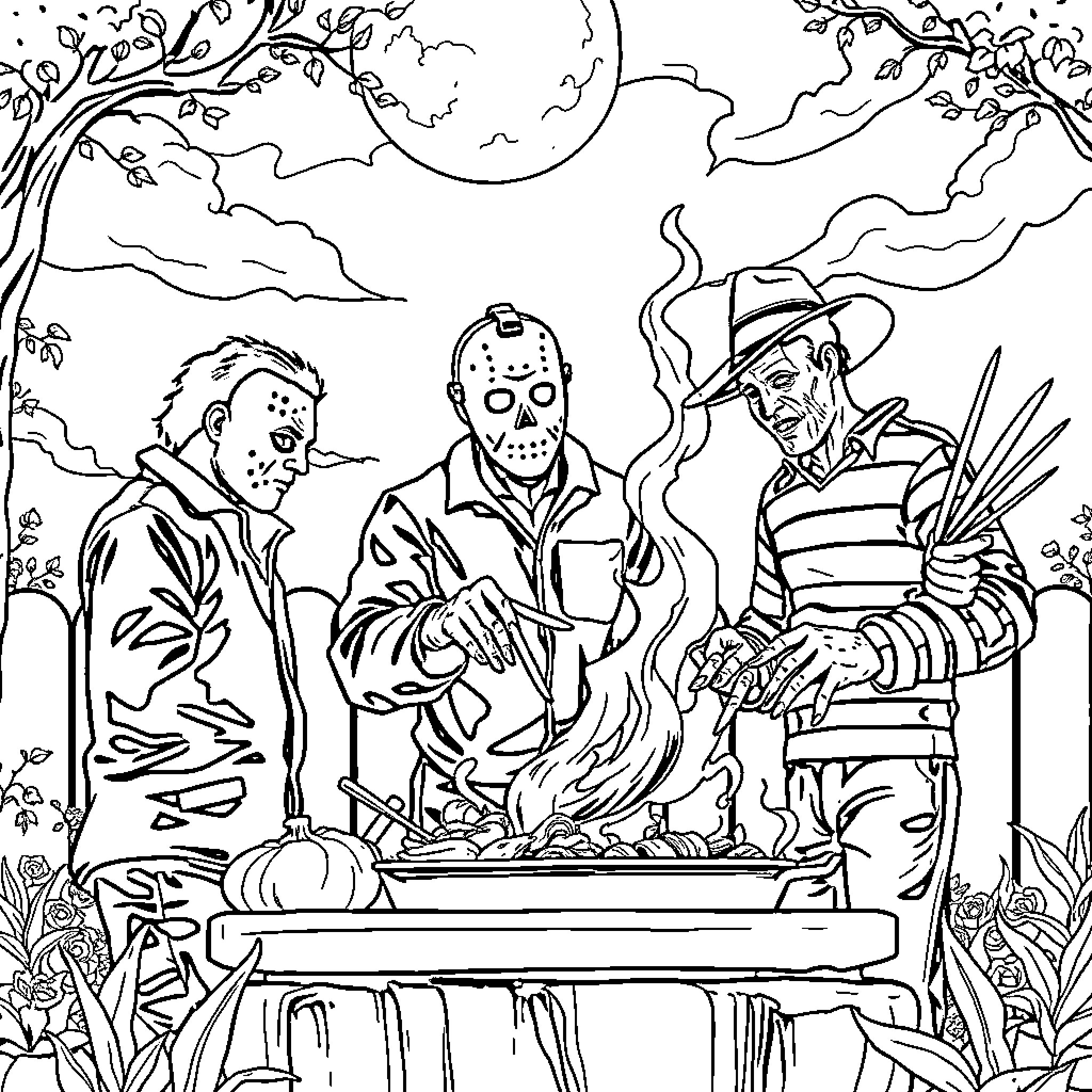 Horror Character Gathering Around the Campfire Coloring Page (free black-and-white line drawing printable PDF for all, from beginners to advanced learners, including children, teens, adults, and seniors)