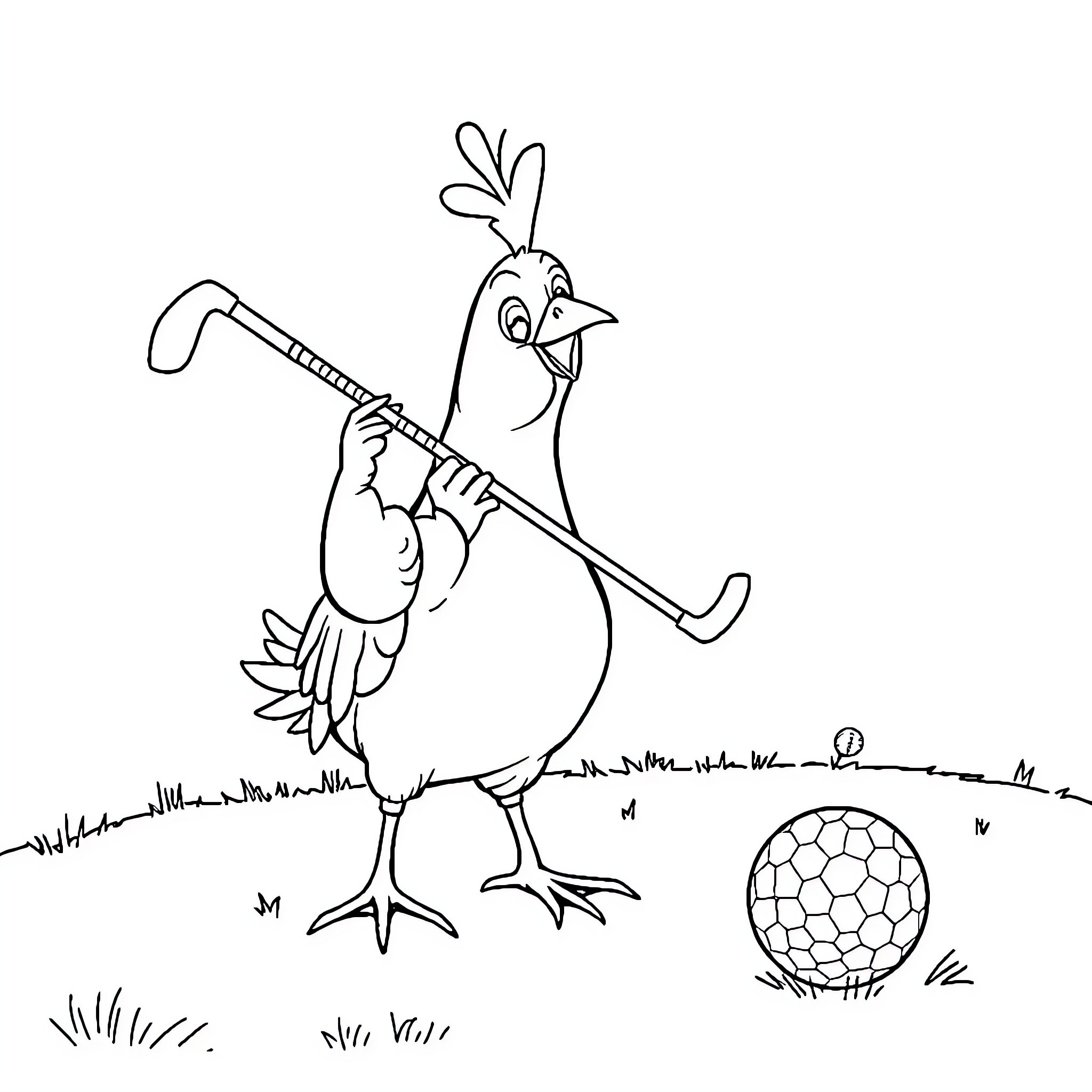 Poule playing with a ball in the field Coloring Page (free black-and-white line drawing printable PDF for all, from beginners to advanced learners, including children, teens, adults, and seniors)