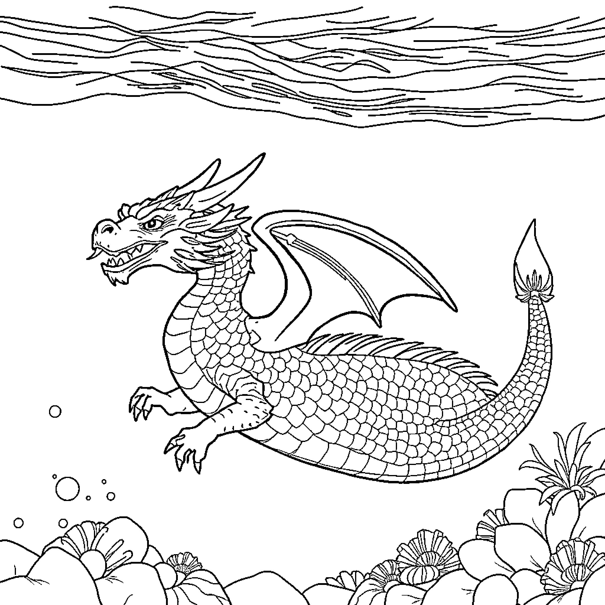 Dragon swimming gracefully in tranquil waters Coloring Page (free black-and-white line drawing printable PDF for all, from beginners to advanced learners, including children, teens, adults, and seniors)