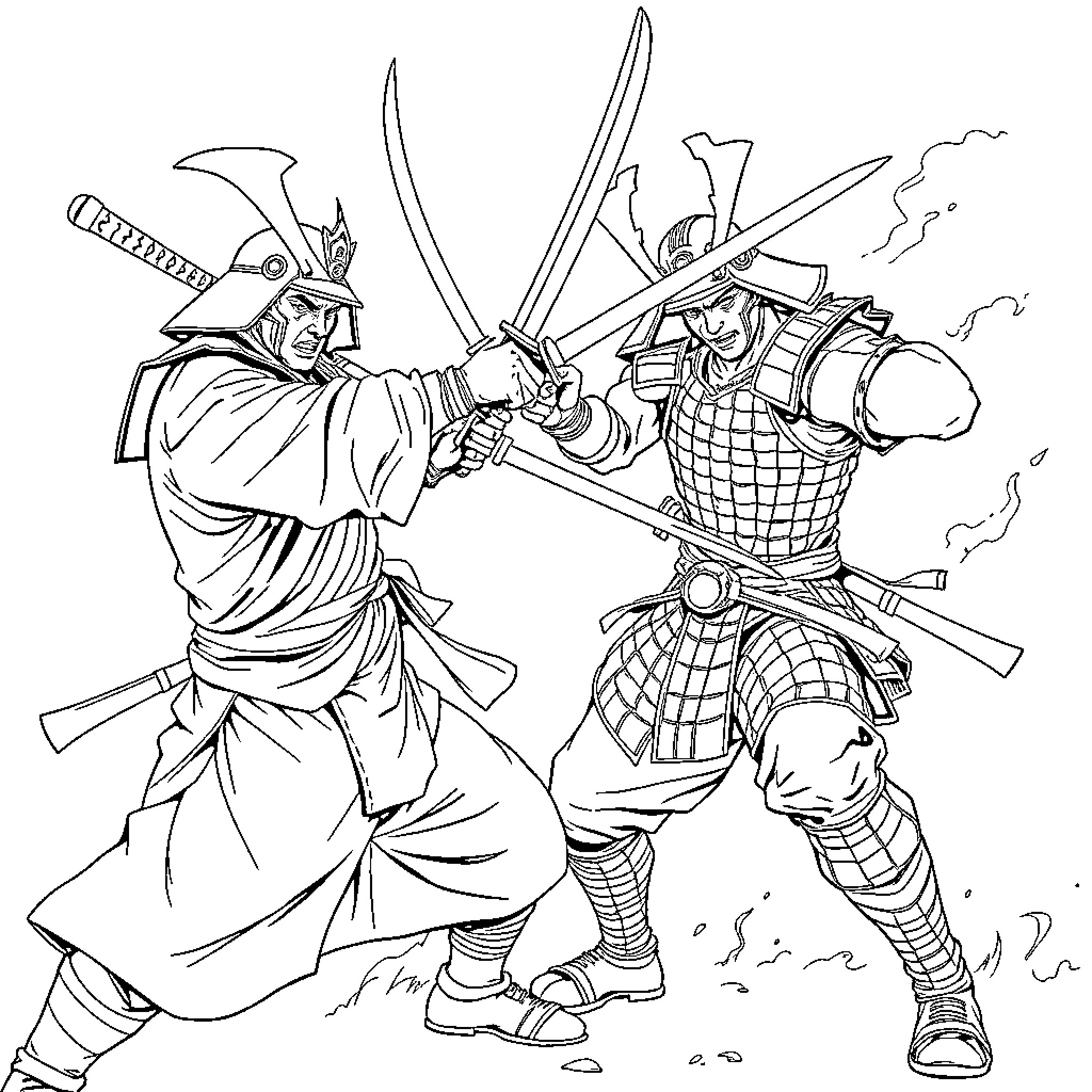 Samurai warriors engaged in fierce combat Coloring Page (free black-and-white line drawing printable PDF for all, from beginners to advanced learners, including children, teens, adults, and seniors)