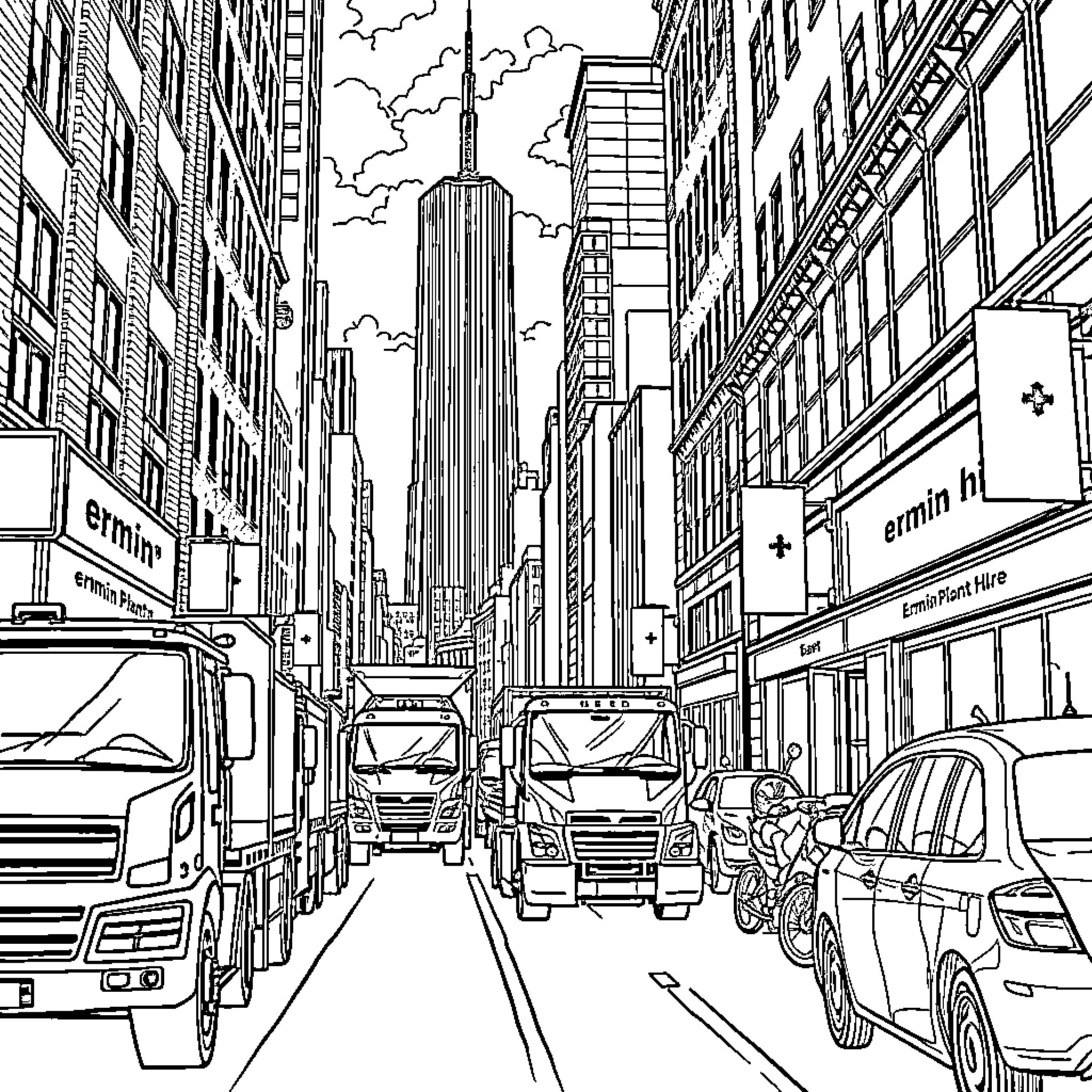 Ermin's Journey Through the Bustling City Coloring Page (free black-and-white line drawing printable PDF for all, from beginners to advanced learners, including children, teens, adults, and seniors)