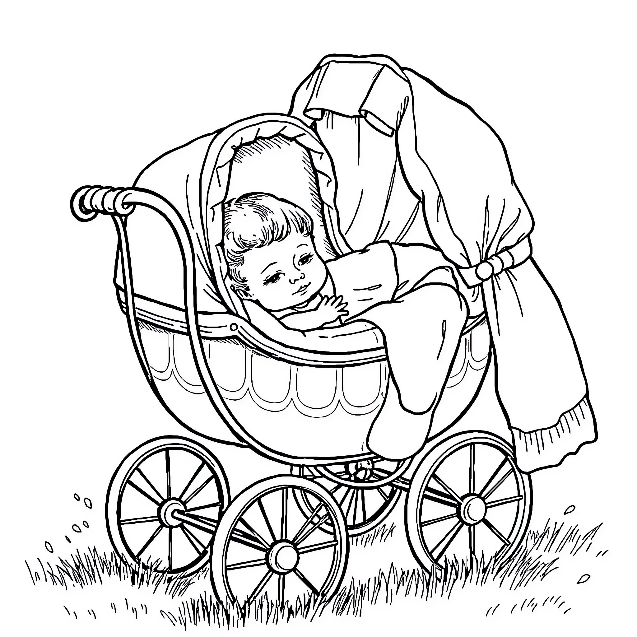 Baby sleeping peacefully in stroller outdoors Coloring Page (free black-and-white line drawing printable PDF for all, from beginners to advanced learners, including children, teens, adults, and seniors)