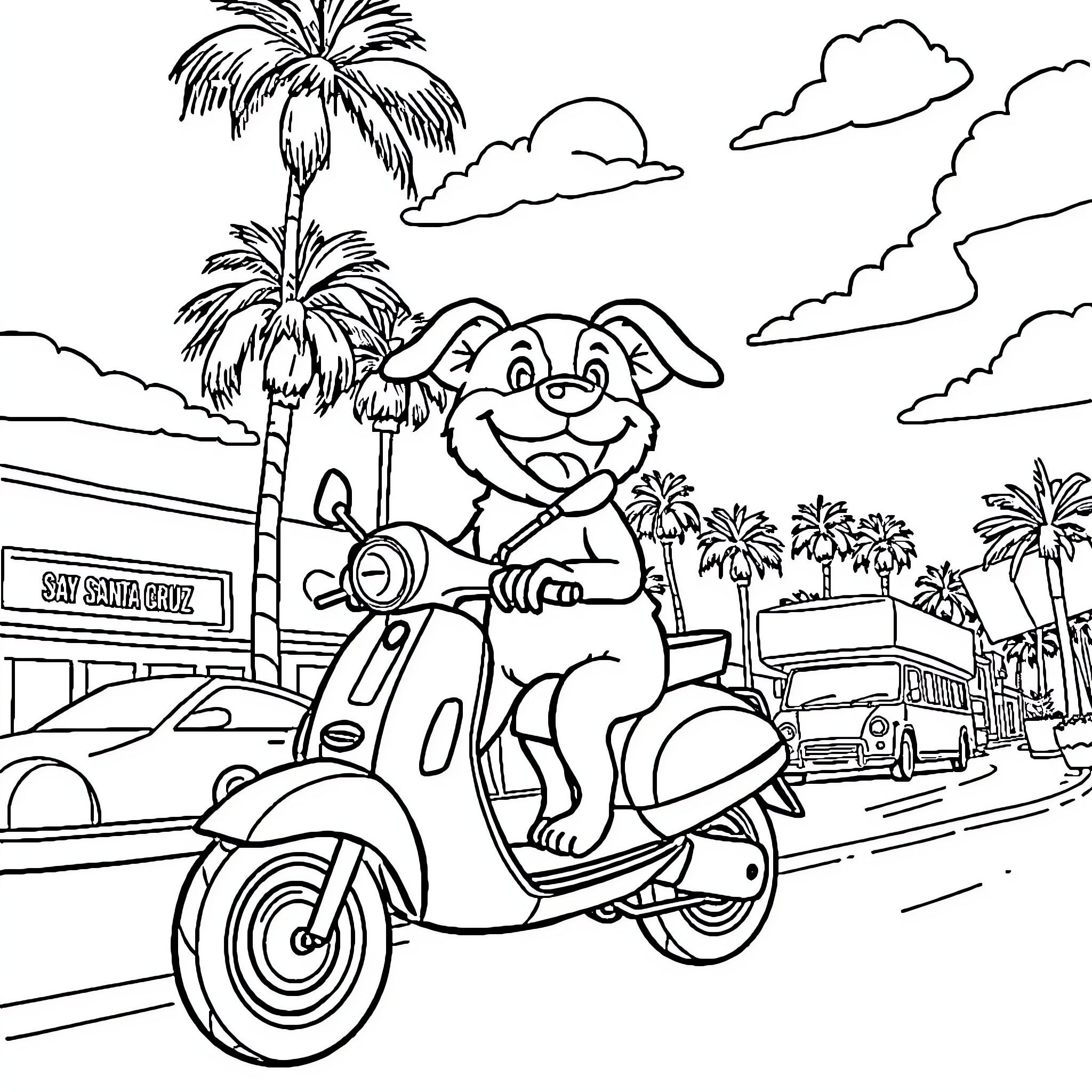 Dog riding scooter on a sunny beach Coloring Page (free black-and-white line drawing printable PDF for all, from beginners to advanced learners, including children, teens, adults, and seniors)