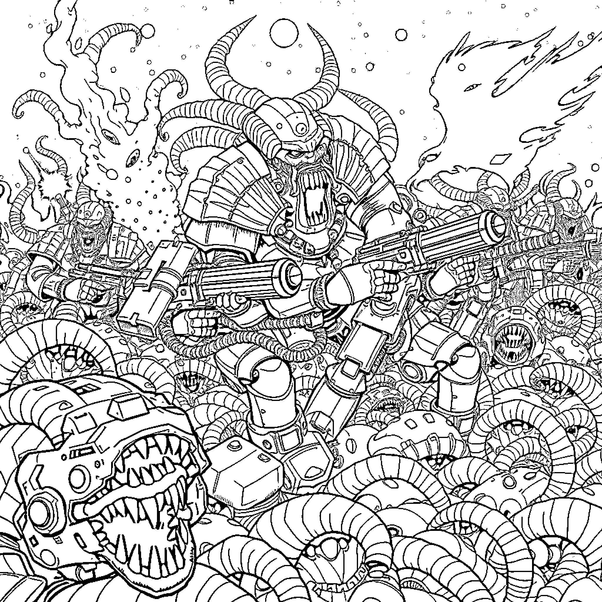Tyranid Horde Assaulting Enemy Forces Coloring Page (free black-and-white line drawing printable PDF for all, from beginners to advanced learners, including children, teens, adults, and seniors)