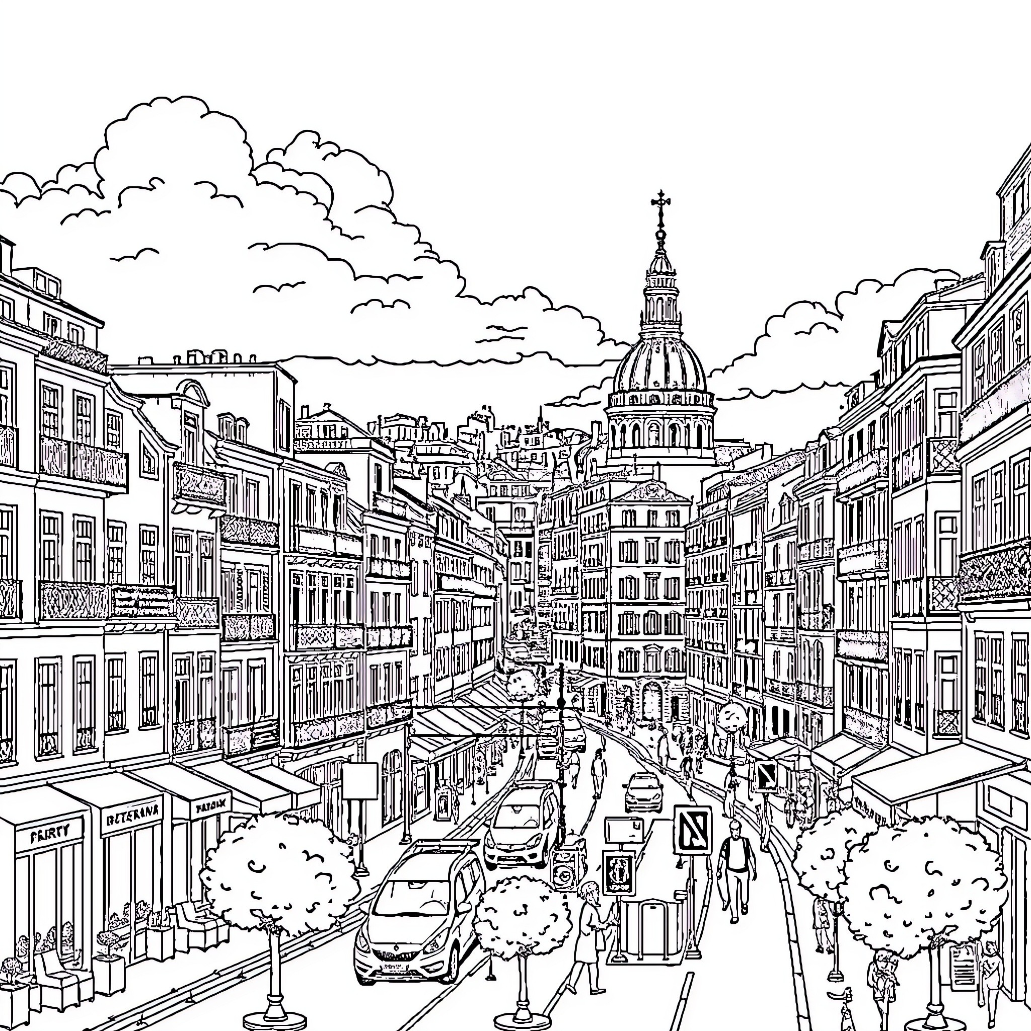 Ville of bustling activity in the city street Coloring Page (free black-and-white line drawing printable PDF for all, from beginners to advanced learners, including children, teens, adults, and seniors)