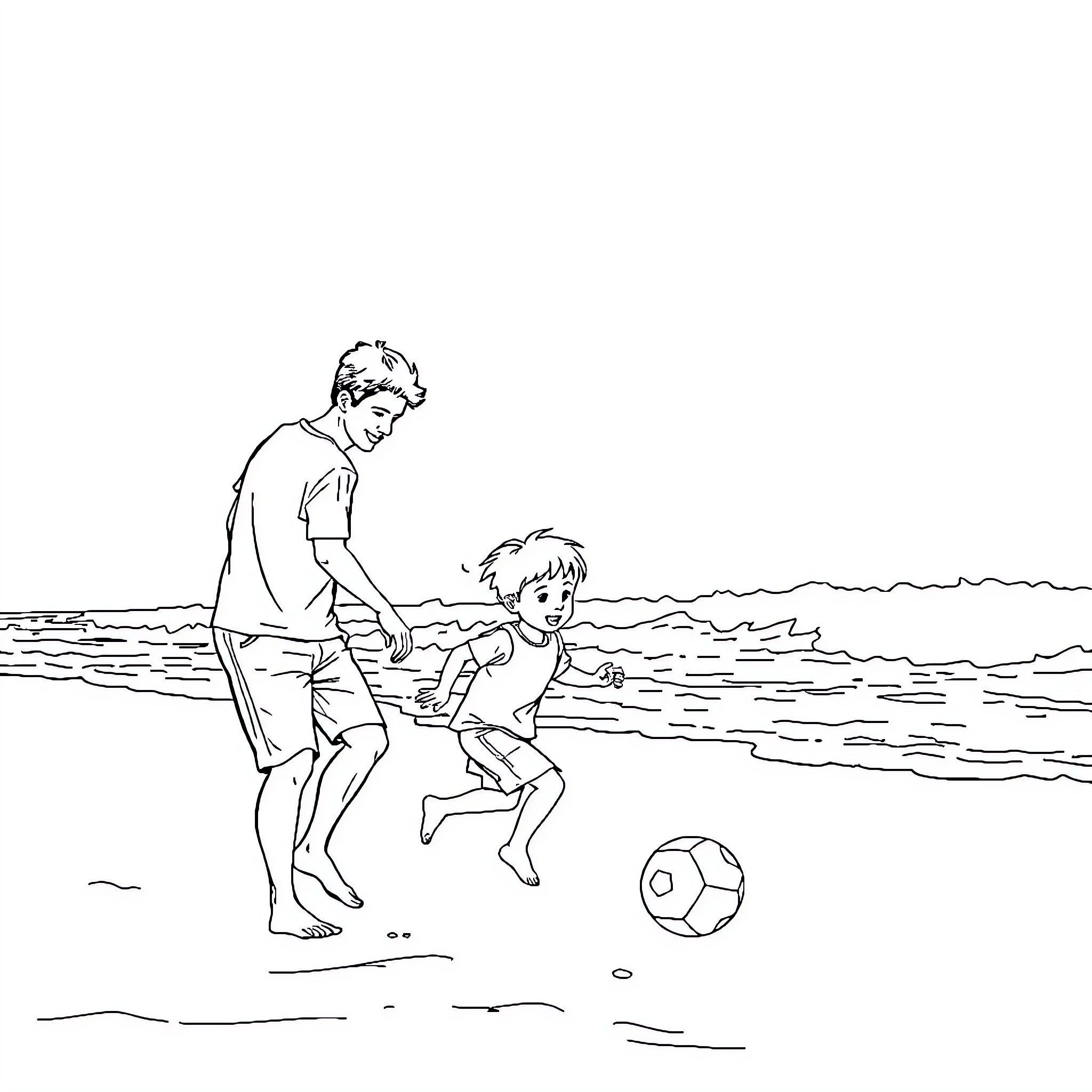 Niño playing soccer with father by the beach Coloring Page (free black-and-white line drawing printable PDF for all, from beginners to advanced learners, including children, teens, adults, and seniors)