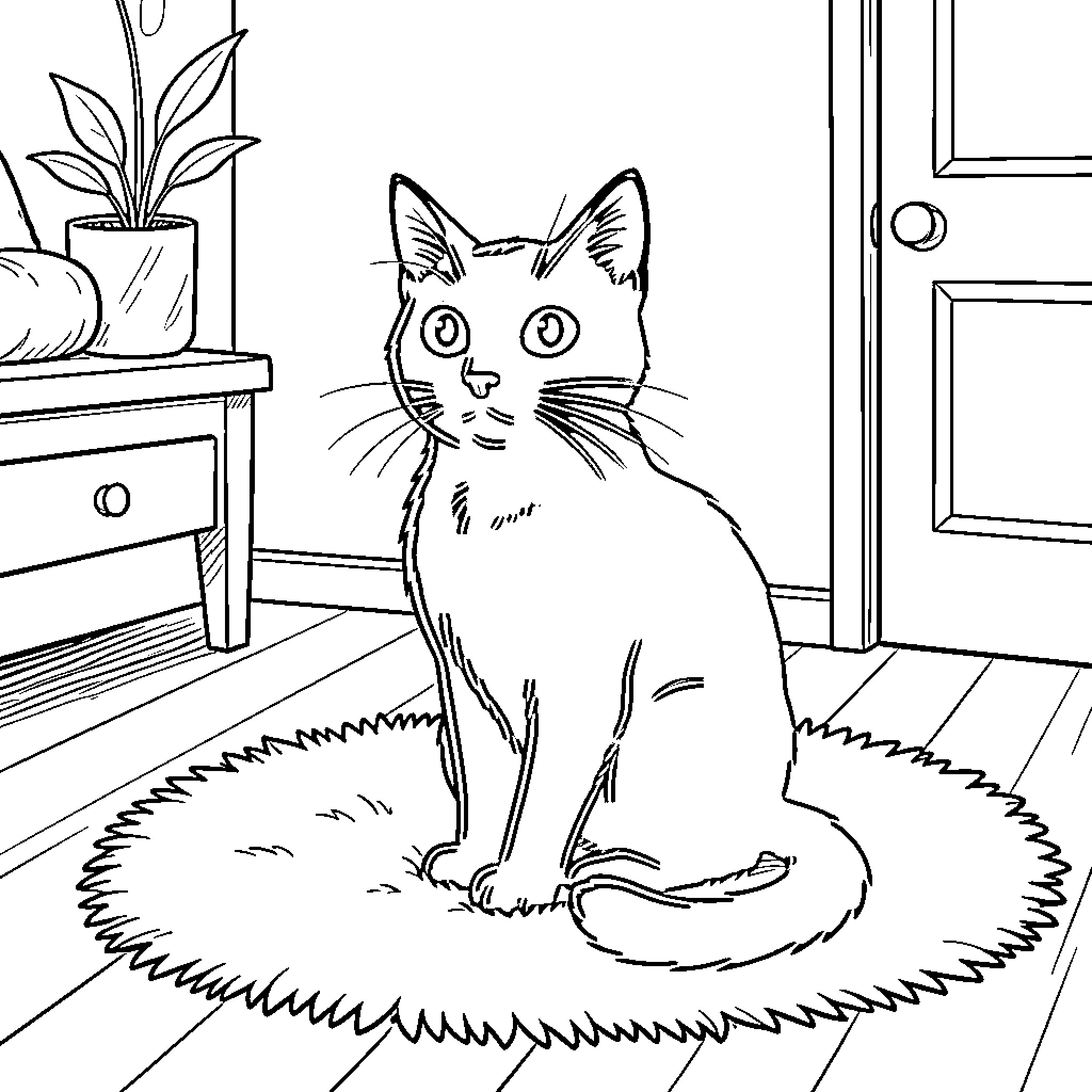 Cat sitting attentively in a cozy home Coloring Page (free black-and-white line drawing printable PDF for all, from beginners to advanced learners, including children, teens, adults, and seniors)