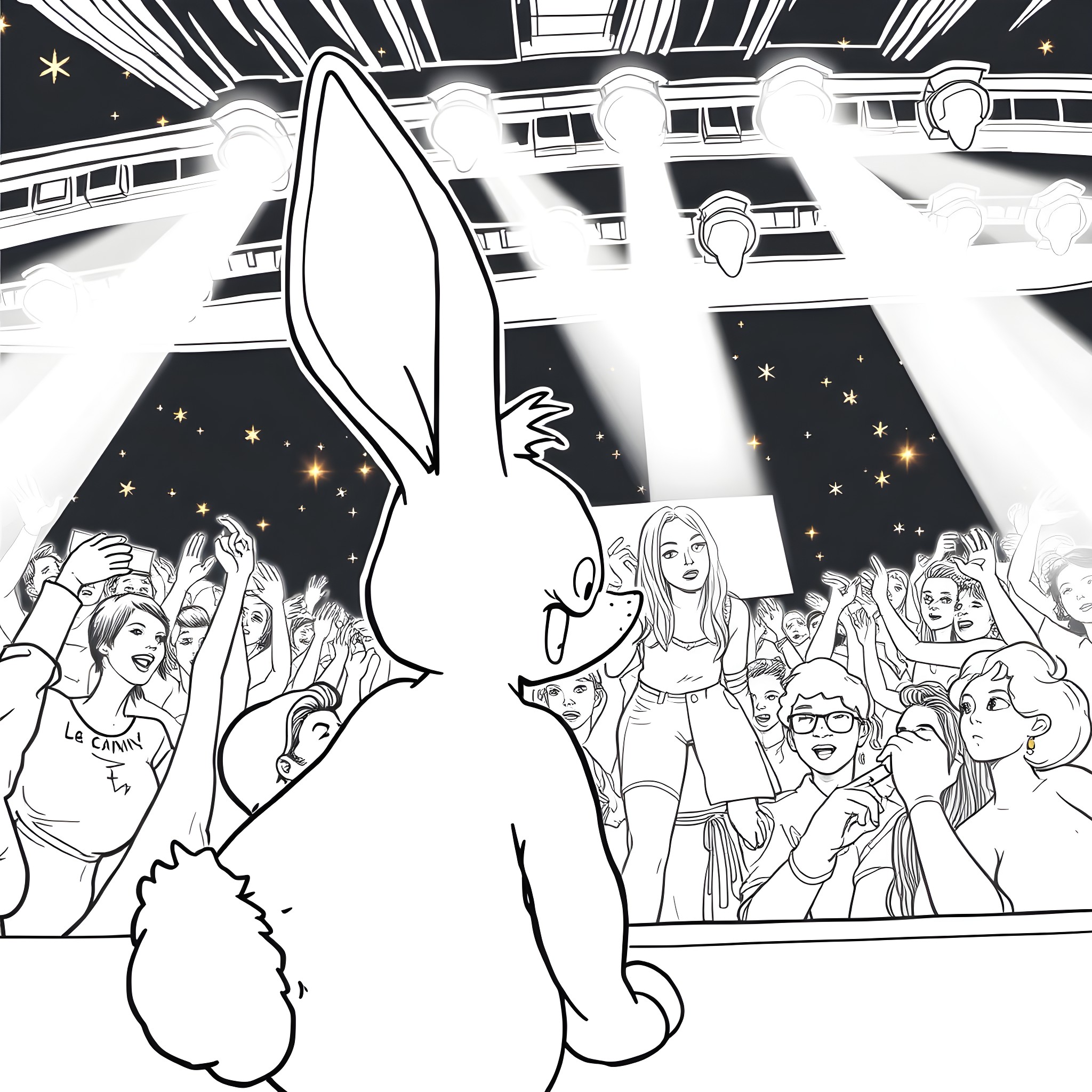 Felix the Rabbit Entertains the Crowd Coloring Page (free black-and-white line drawing printable PDF for all, from beginners to advanced learners, including children, teens, adults, and seniors)