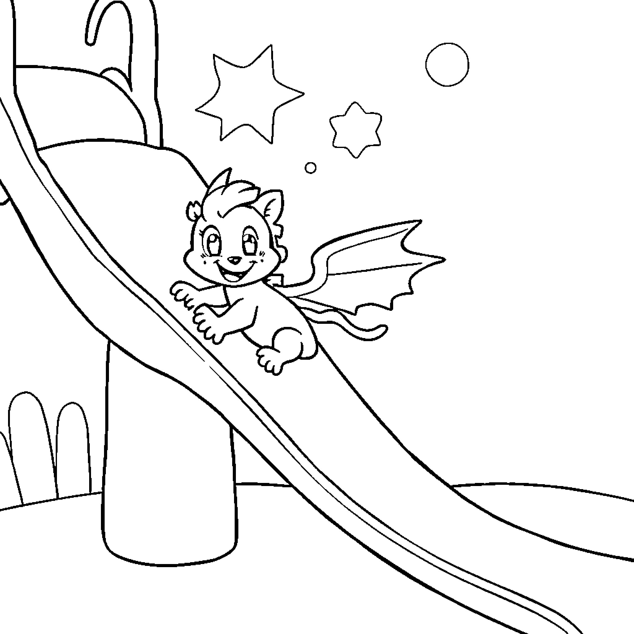 Flarion sliding down a colorful slide with stars Coloring Page (free black-and-white line drawing printable PDF for all, from beginners to advanced learners, including children, teens, adults, and seniors)