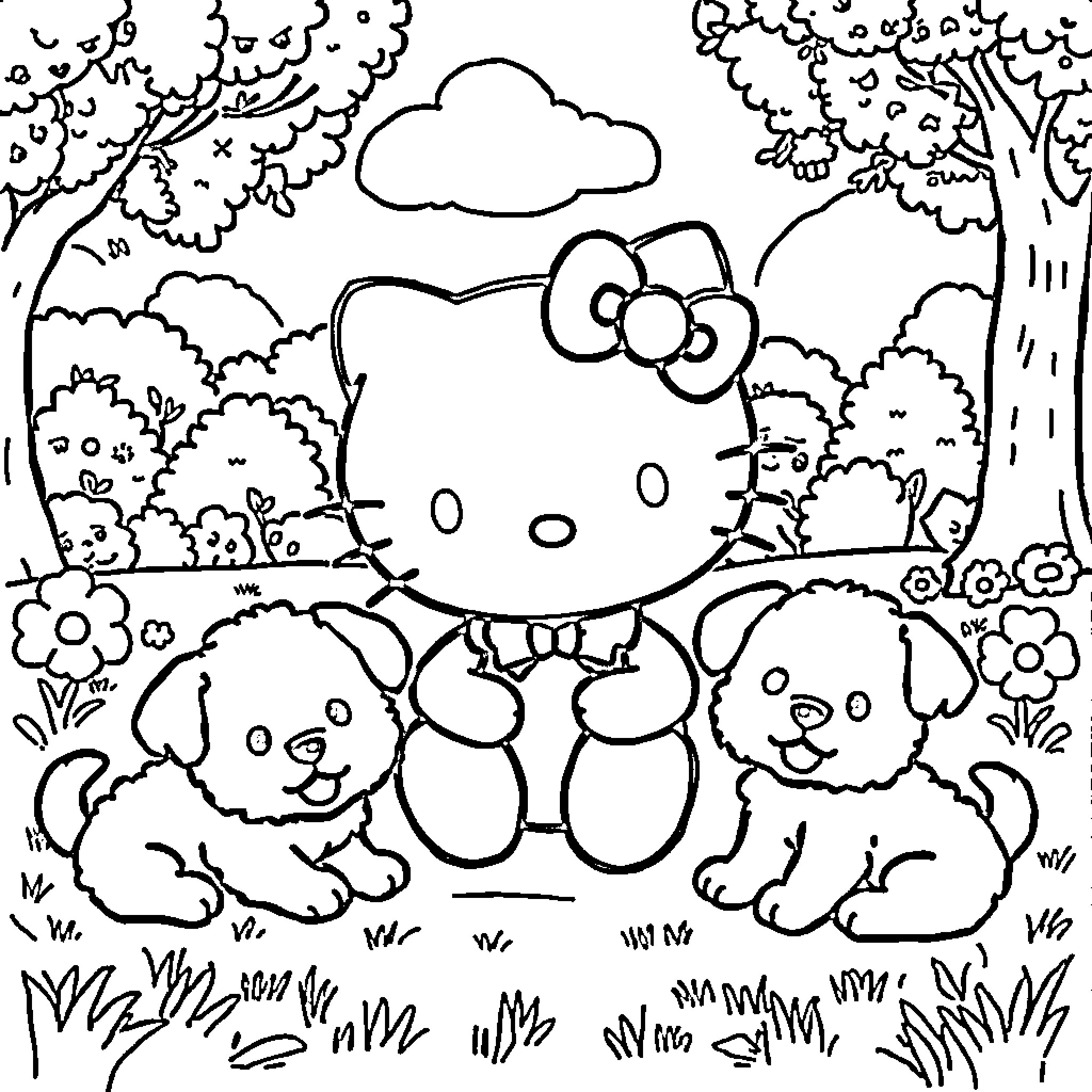 Hello Kitty Surrounded by Adorable Puppies in Nature Coloring Page (free black-and-white line drawing printable PDF for all, from beginners to advanced learners, including children, teens, adults, and seniors)