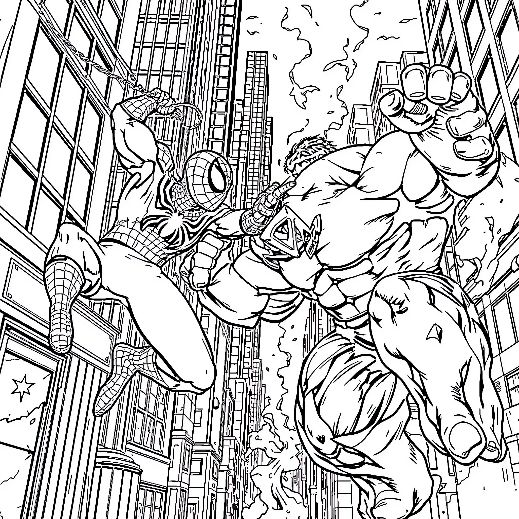 Spiderman battles fearsome foe in cityscape Coloring Page (free black-and-white line drawing printable PDF for all, from beginners to advanced learners, including children, teens, adults, and seniors)