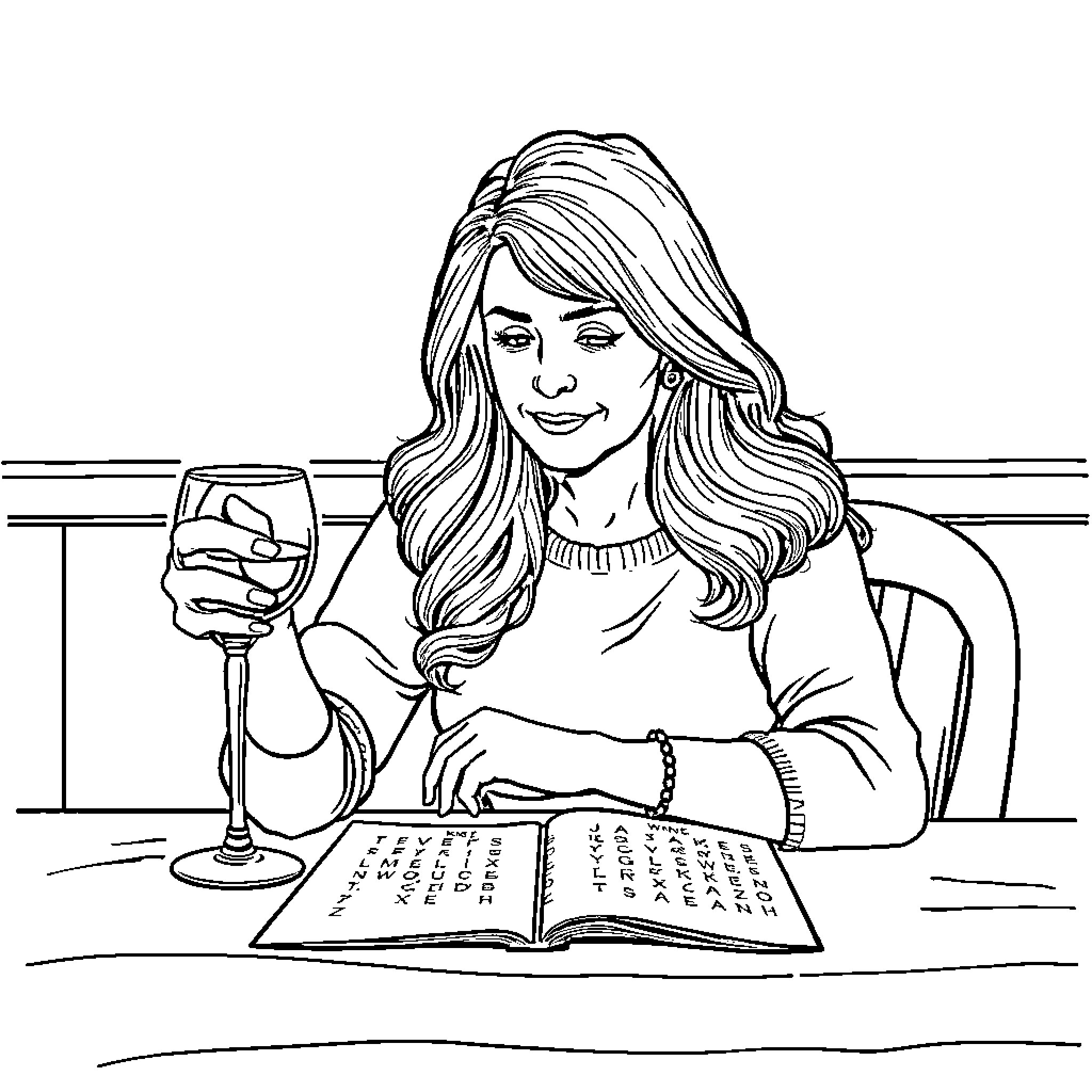 Mum enjoying a glass of wine while reading a book Coloring Page (free black-and-white line drawing printable PDF for all, from beginners to advanced learners, including children, teens, adults, and seniors)