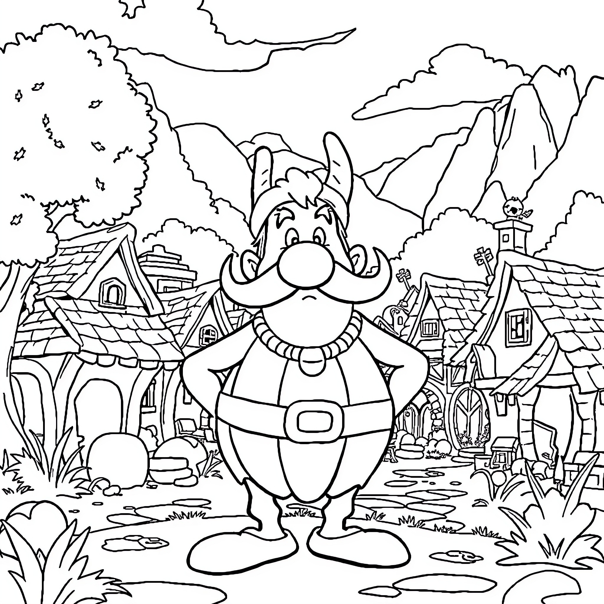 Asterix in a Whimsical Village Setting Coloring Page (free black-and-white line drawing printable PDF for all, from beginners to advanced learners, including children, teens, adults, and seniors)