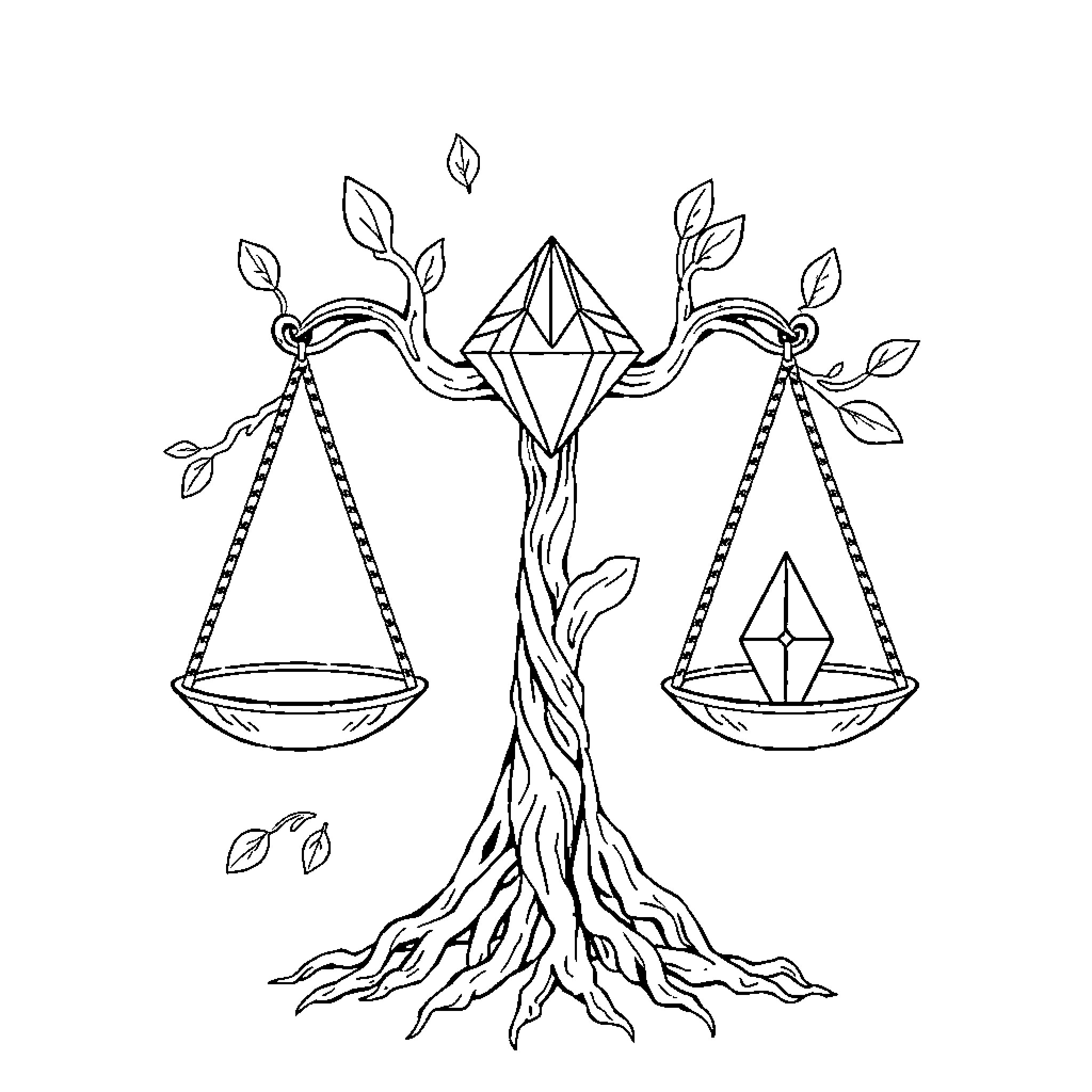 Libra: Scales of Balance and Growth Coloring Page (free black-and-white line drawing printable PDF for all, from beginners to advanced learners, including children, teens, adults, and seniors)