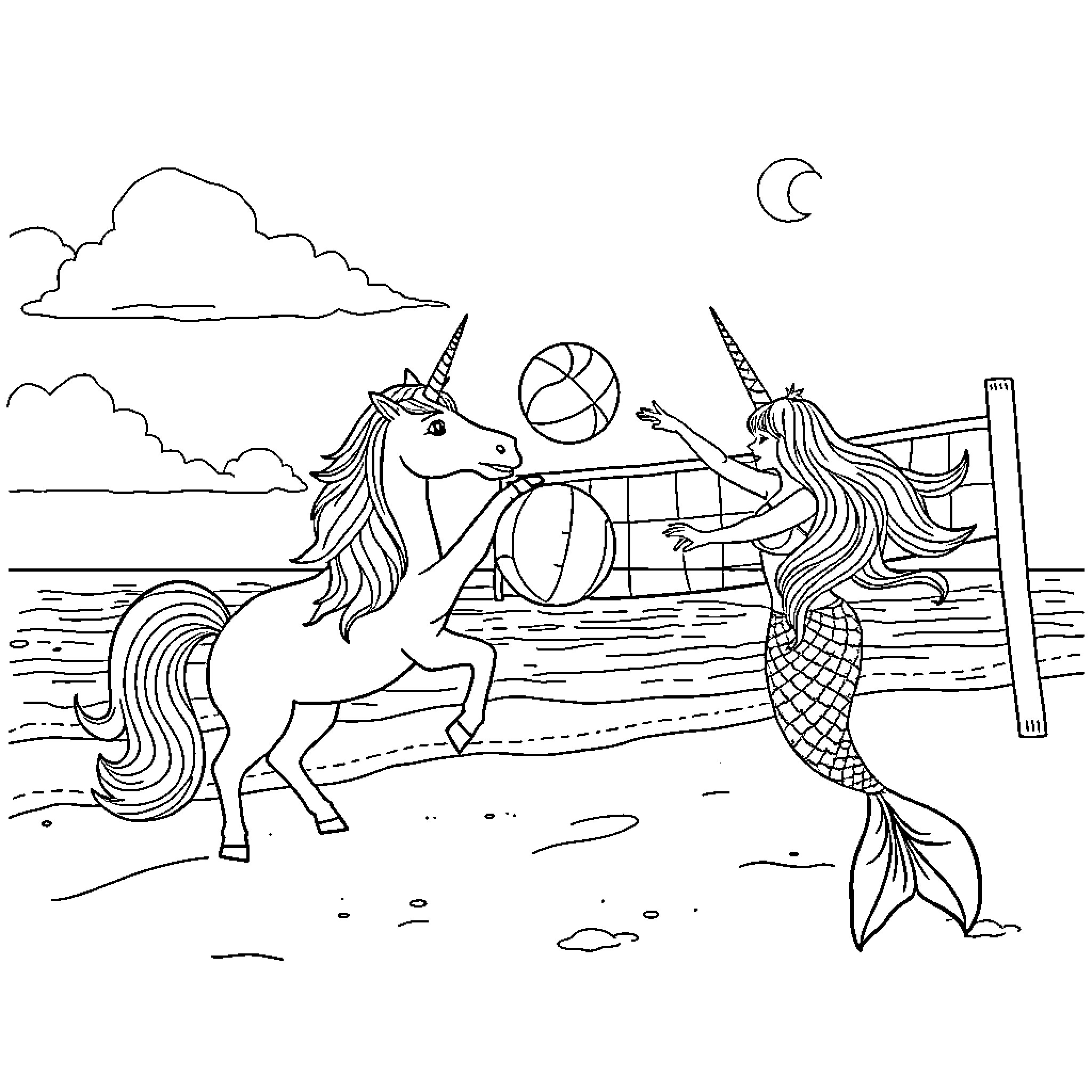 Unicorn playing beach volleyball with mermaid Coloring Page (free black-and-white line drawing printable PDF for all, from beginners to advanced learners, including children, teens, adults, and seniors)