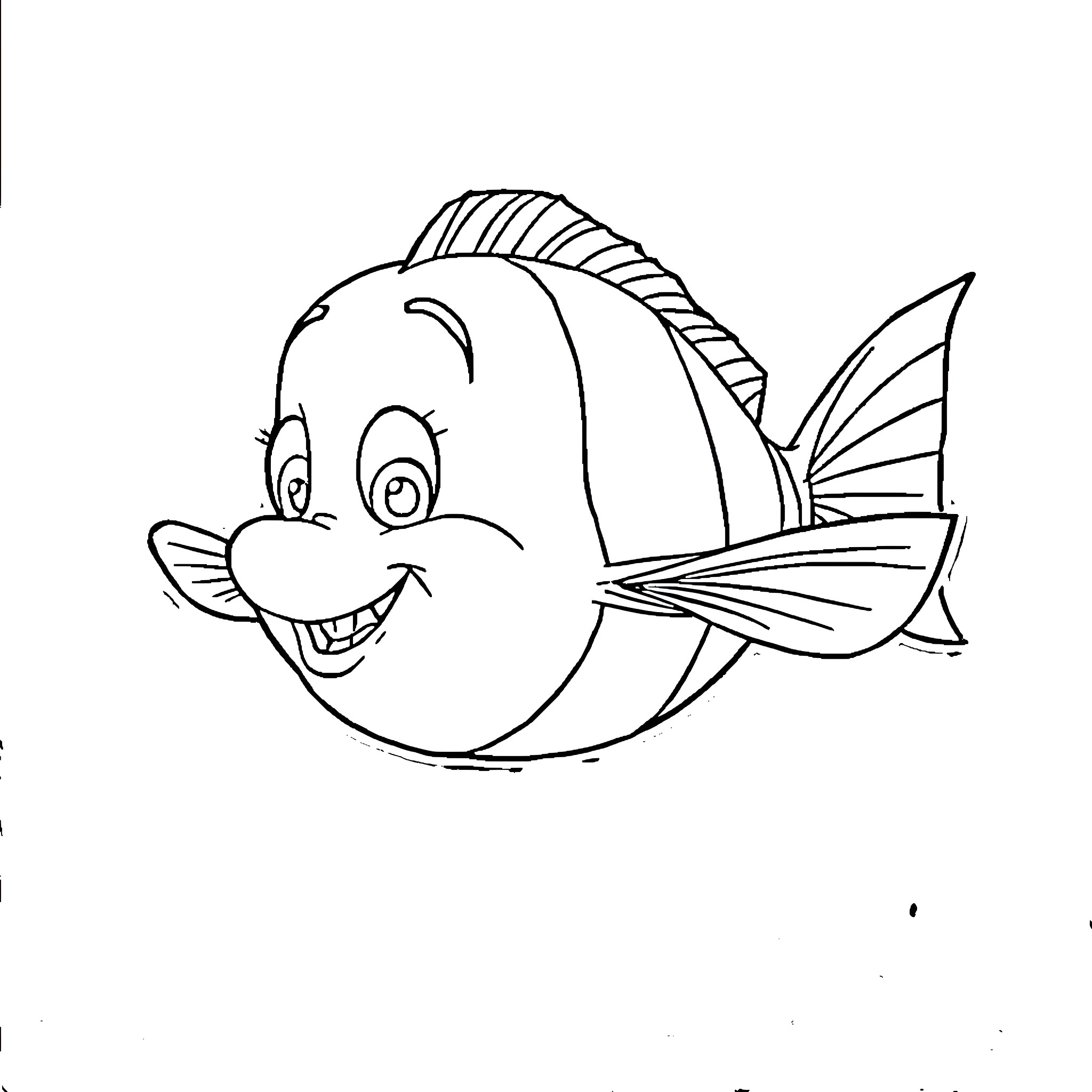Flounder the cheerful cartoon fish Coloring Page (free black-and-white line drawing printable PDF for all, from beginners to advanced learners, including children, teens, adults, and seniors)